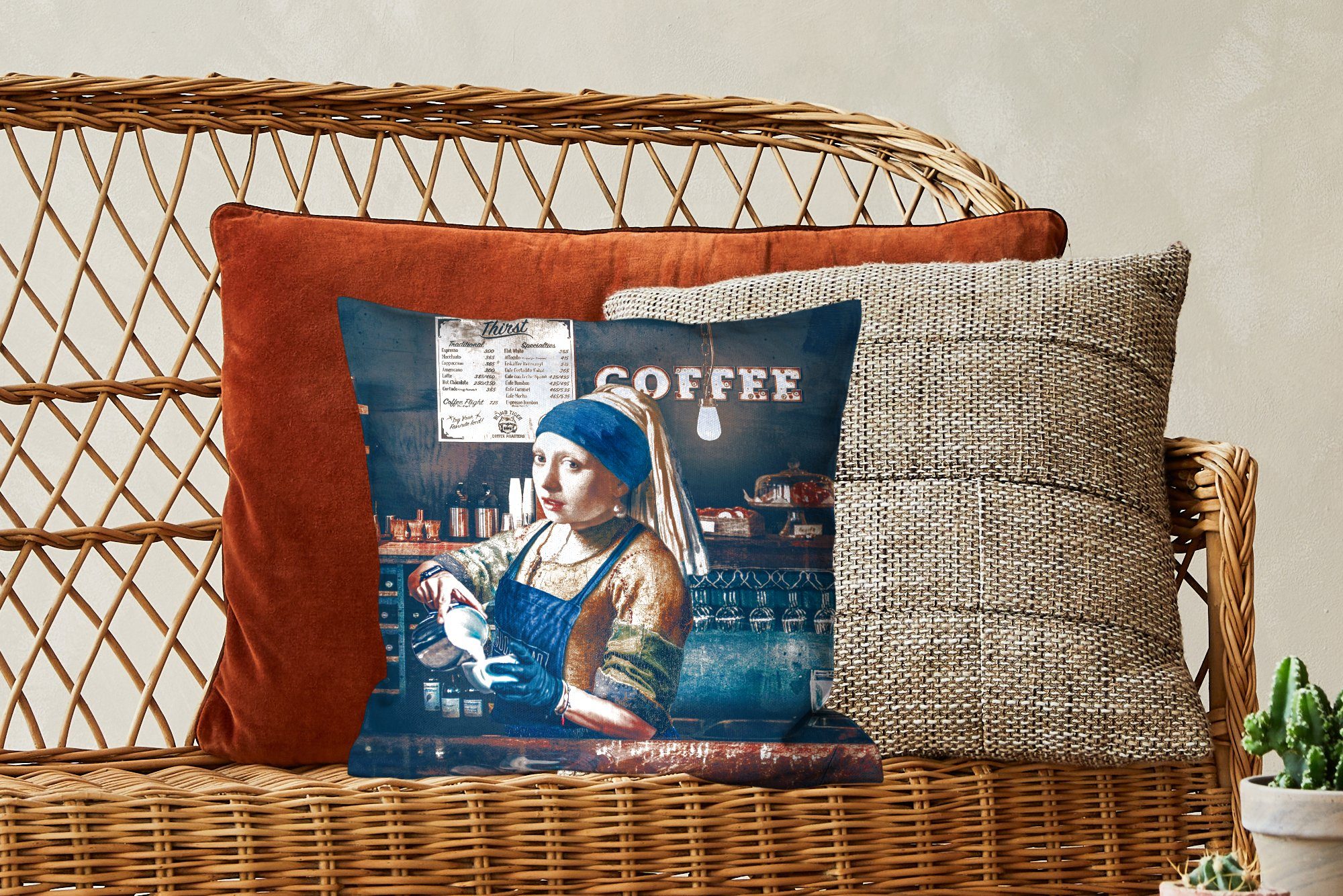 MuchoWow Dekokissen Kaffee - Mädchen Sofakissen -, Cappuccino - Schlafzimmer, mit - Vermeer Füllung Wohzimmer, Perlenohrring Deko, für Barista mit - Zierkissen
