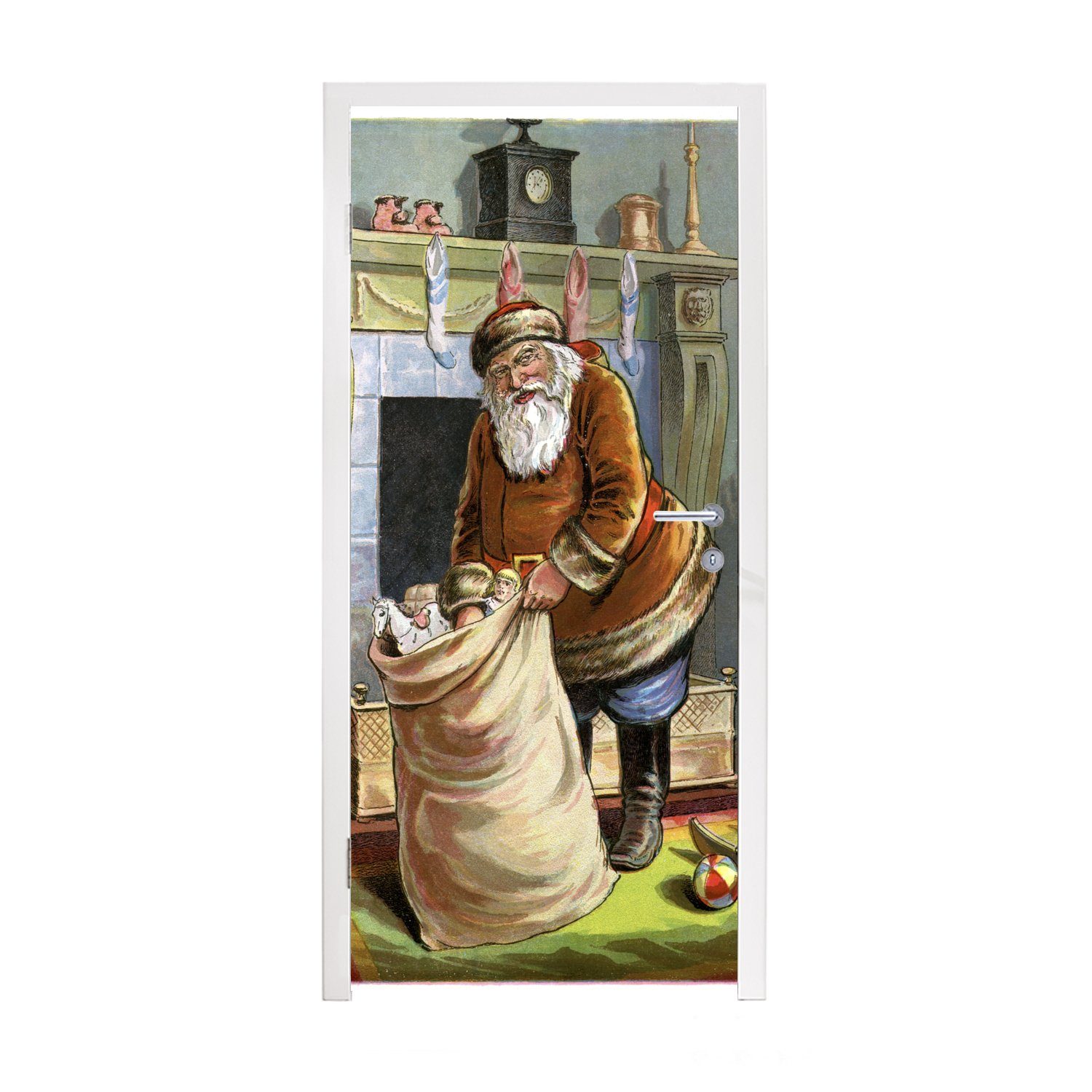 MuchoWow Türtapete Weihnachtsmann - Weihnachtsgeschenk - Vintage, Matt, bedruckt, (1 St), Fototapete für Tür, Türaufkleber, 75x205 cm