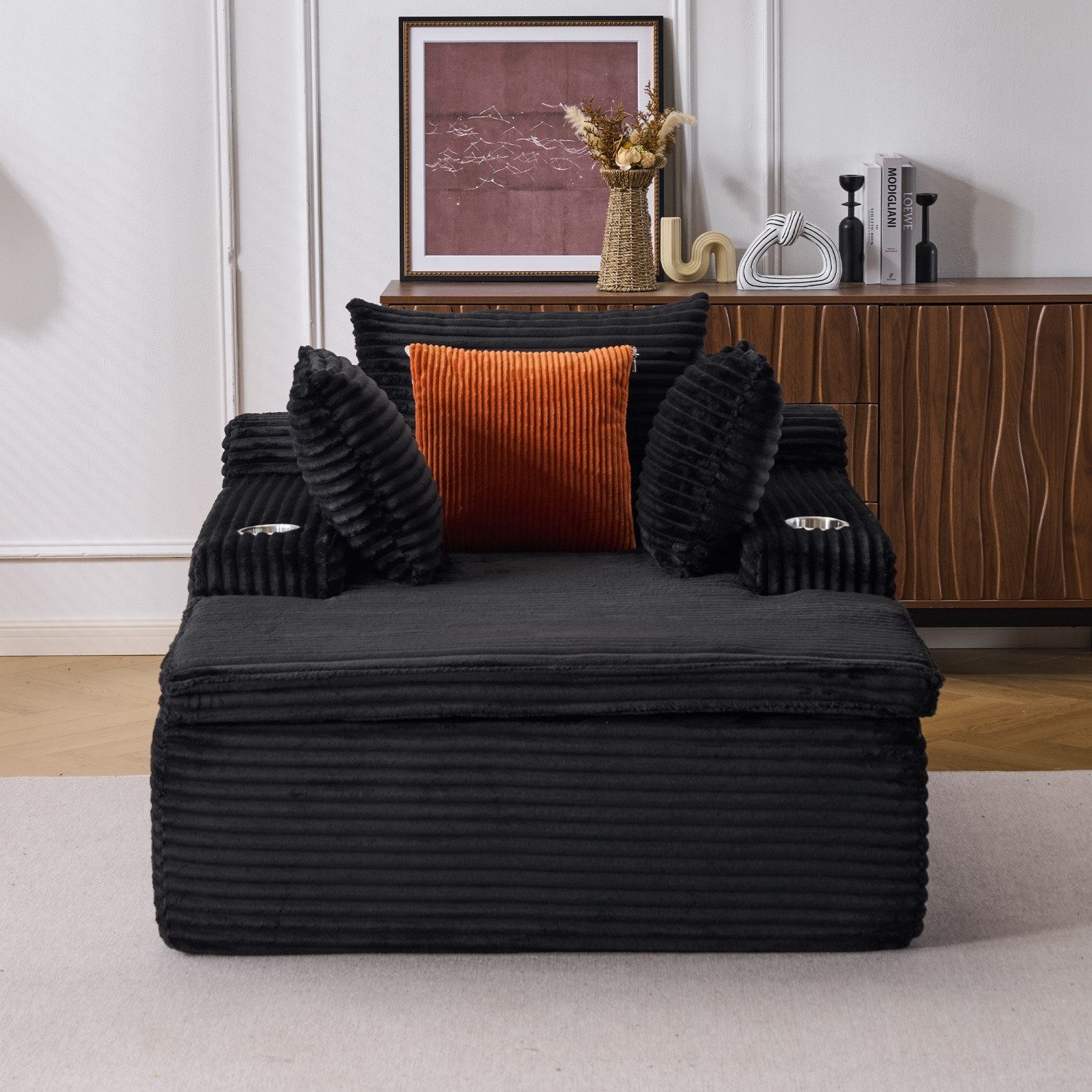 ANYSUN Chaiselongue XXL Relaxsessel aus Cord mit Federkern und tiefer Sitzfläche,3 Kissen, Loungesofa mit Decke,Getränkehaltern,montagefrei,Seitentaschen,Schwarz
