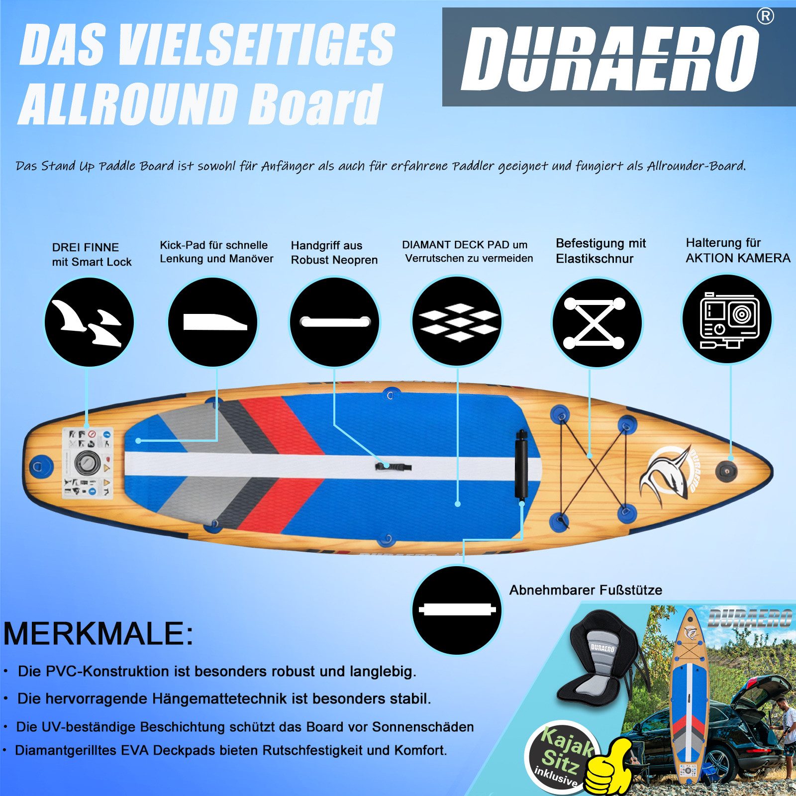 DURAERO Inflatable SUP-Board Stand up Paddle Board SUP, 330x76x15cm, Tragkraft bis 150Kg,Holzoptik