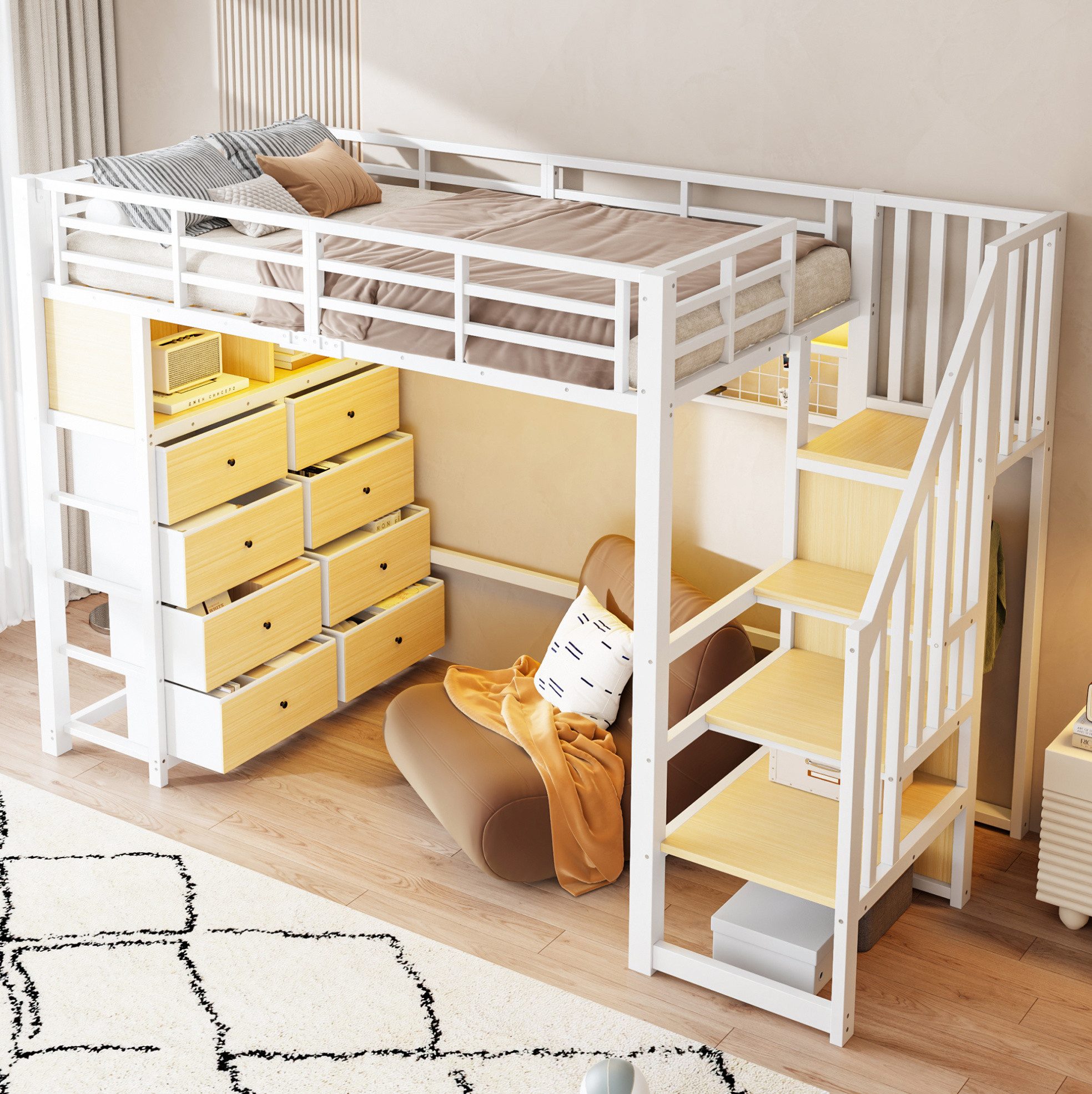 OKWISH Hochbett Kinderbett 90 × 200 cm mit 8 Schubladen und Stauraum Weiß (Packung, 1-St., Schlafplatz für Kinder mit Hängepaneelen und praktischem Design) Spielbett mit Aufbewahrungsleiter LED Licht und Regalen,ohne Matratze