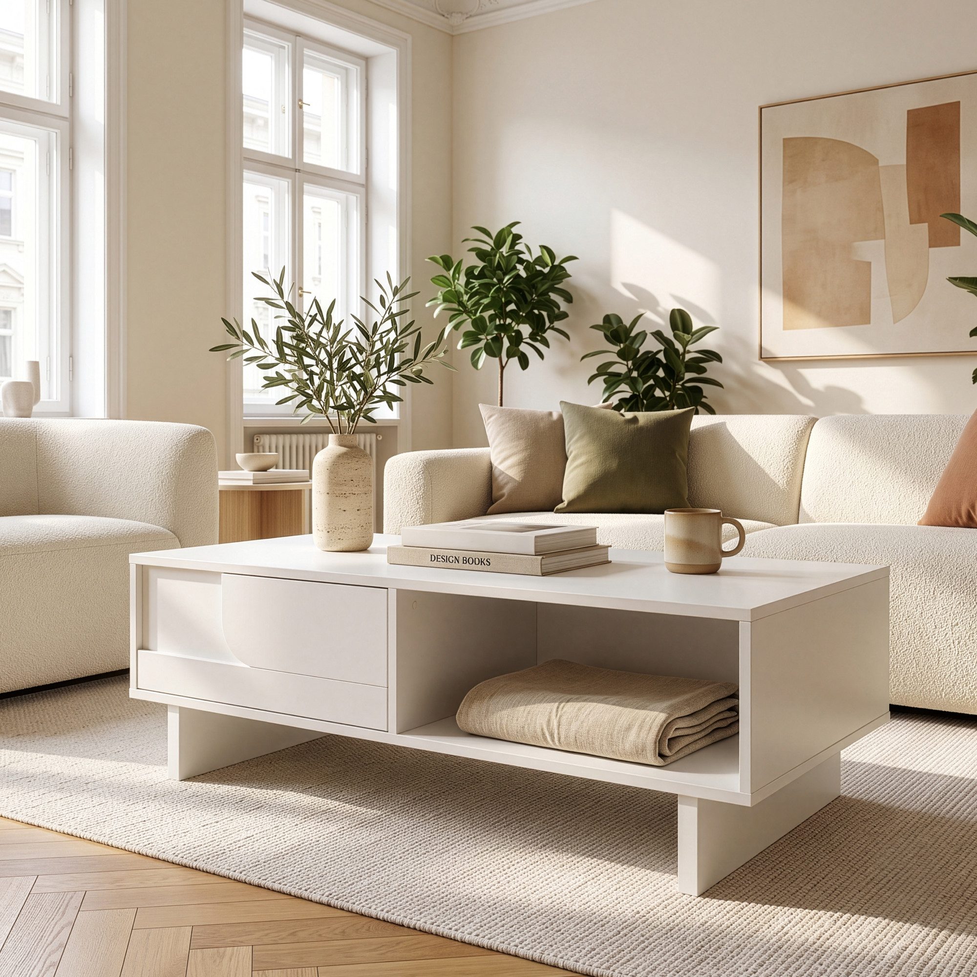 en.casa Couchtisch, »Katanshumn« Schublade 2 Ablagefächer 110 x 55 x 39 cm Weiß