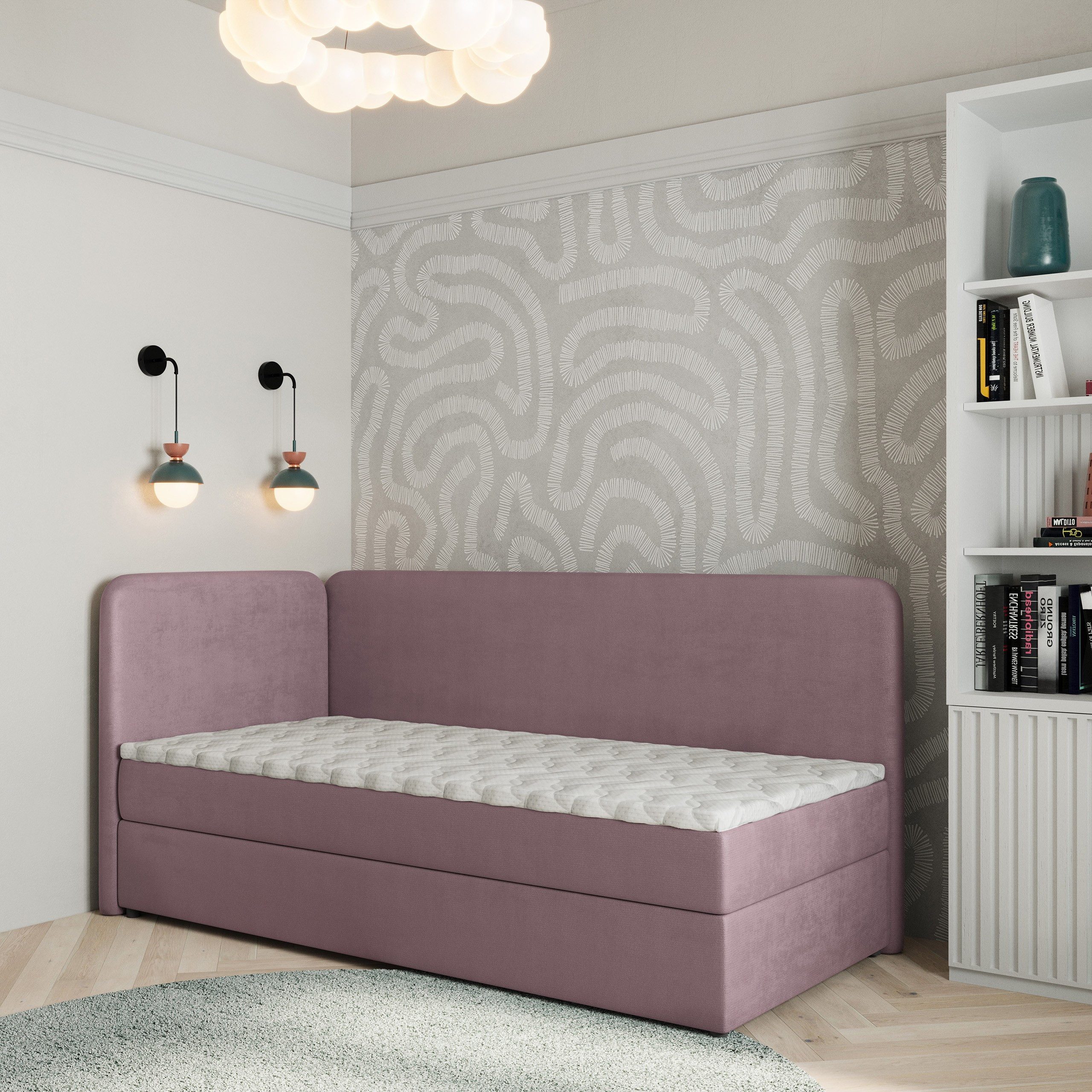 Masseno Boxbett GINA 90x200 cm mit Bonell Matratze und Topper, Einzelbett, Jugendbett, Polsterbett mit Kopfteil, Boxspringbett
