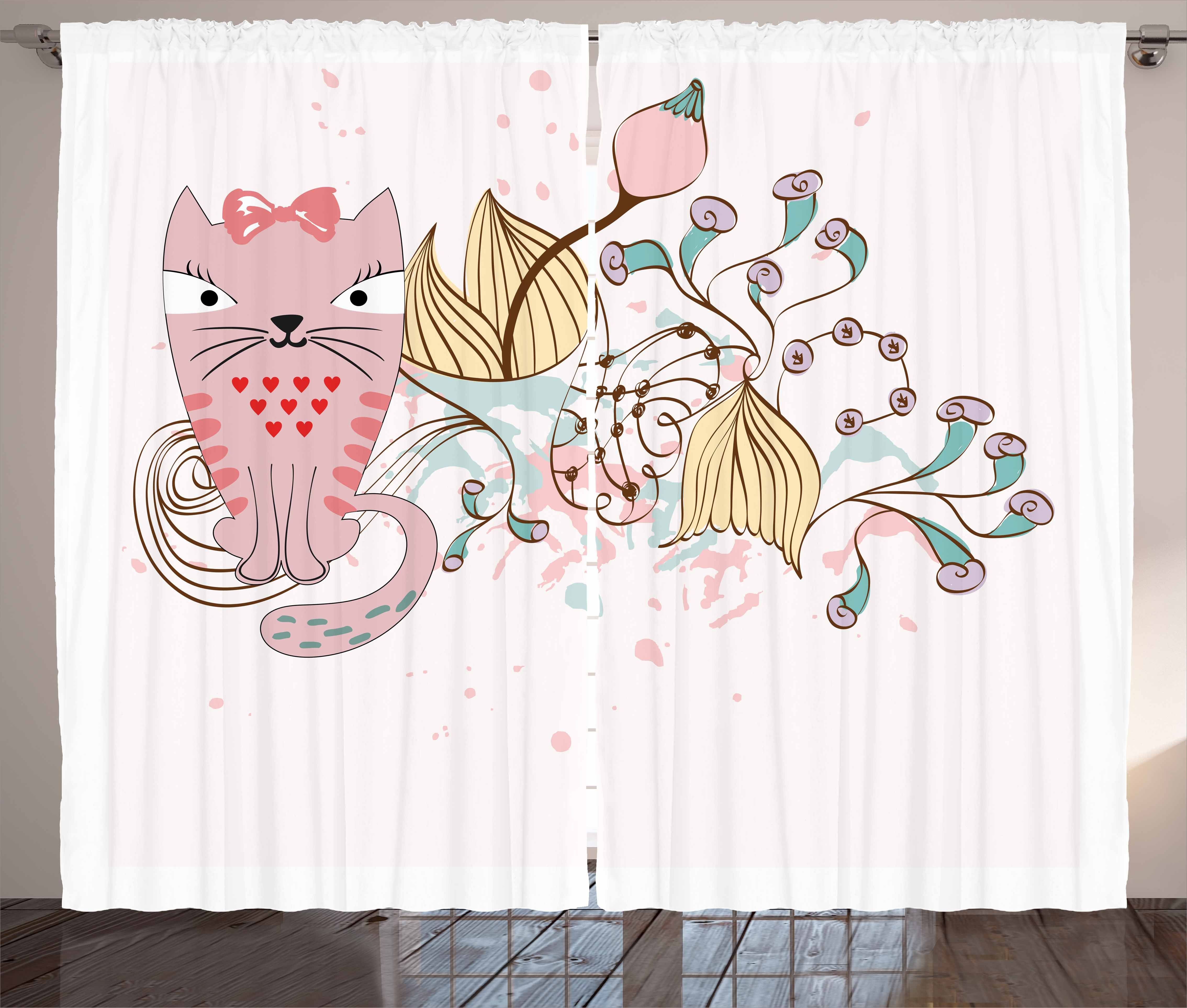 Gardine Schlafzimmer Kräuselband Vorhang mit Schlaufen und Haken, Abakuhaus, Katzenliebhaber Karikatur-Haus-Haustier-Blumen