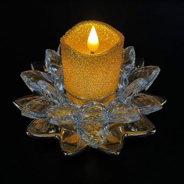 Online-Fuchs Kerzenständer in Lotusblüten-Optik aus Glas mit LED Kerze Votivkerze GOLD 545 (Kerze mit Glitzerüberzug), Kerzenhalter: 13 x 8 cm, Kerze: 5x4,7 cm, Teelichthalter