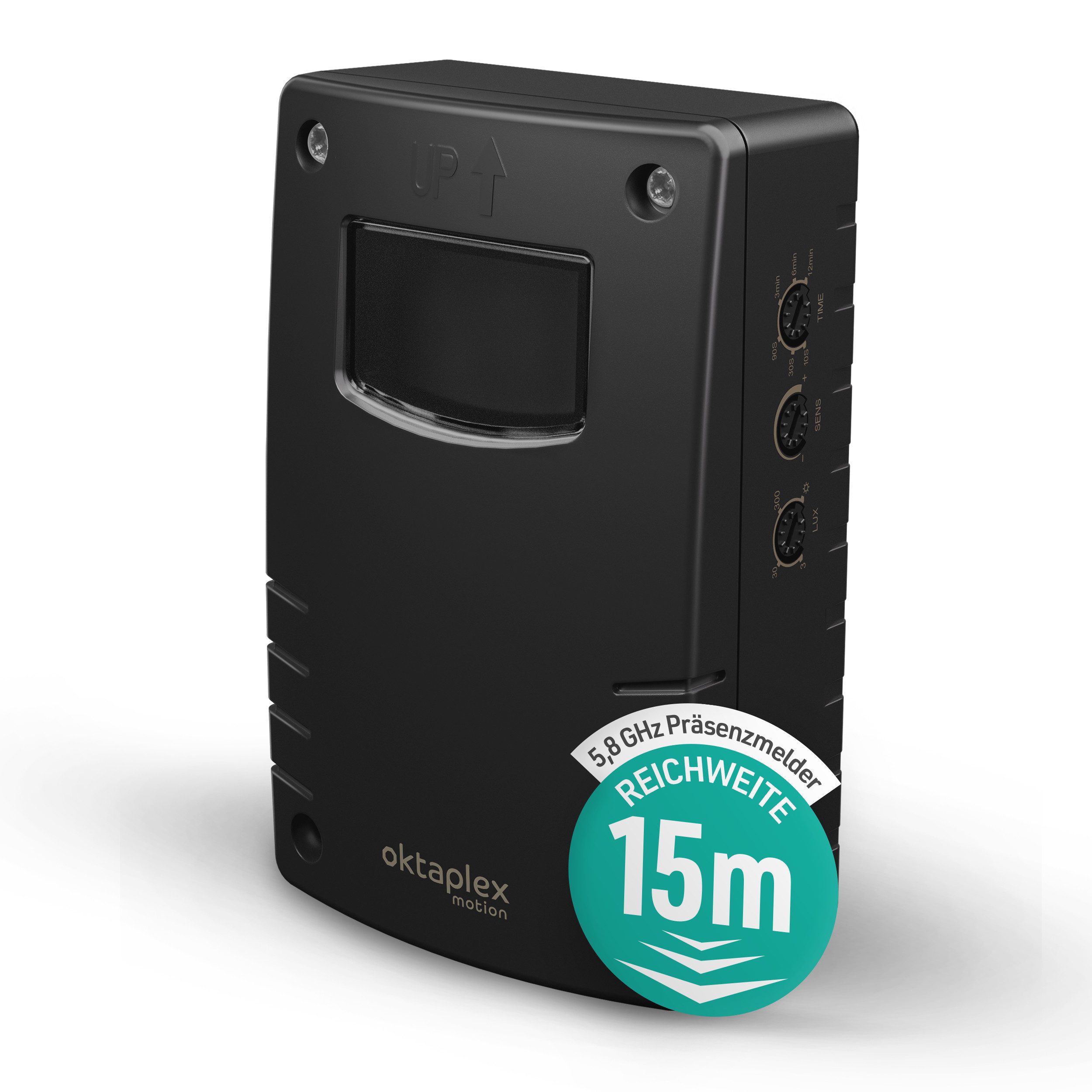Oktaplex motion Bewegungsmelder Pit Bewegungsmelder HF 5,8 GHz 15m Wand IP65 230V, (1-St), Aufputz Sensor 180 Grad LED kompatibel schwarz