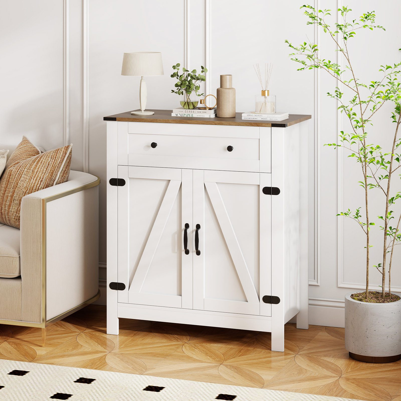 COSTWAY Küchenbuffet Sideboard Holz mit Schublade & verstellbarem Regal weiß