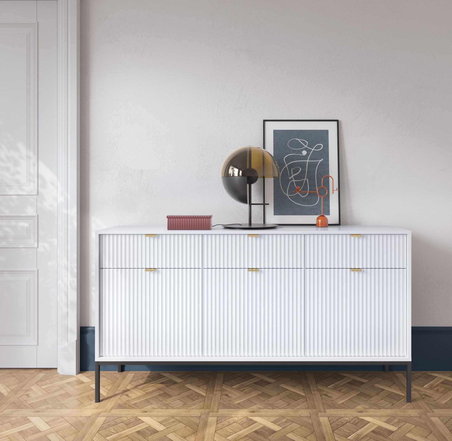 Selsey Sideboard VELLORE, 3-türig mit geriffelten Fronten und schwarzem Gestell