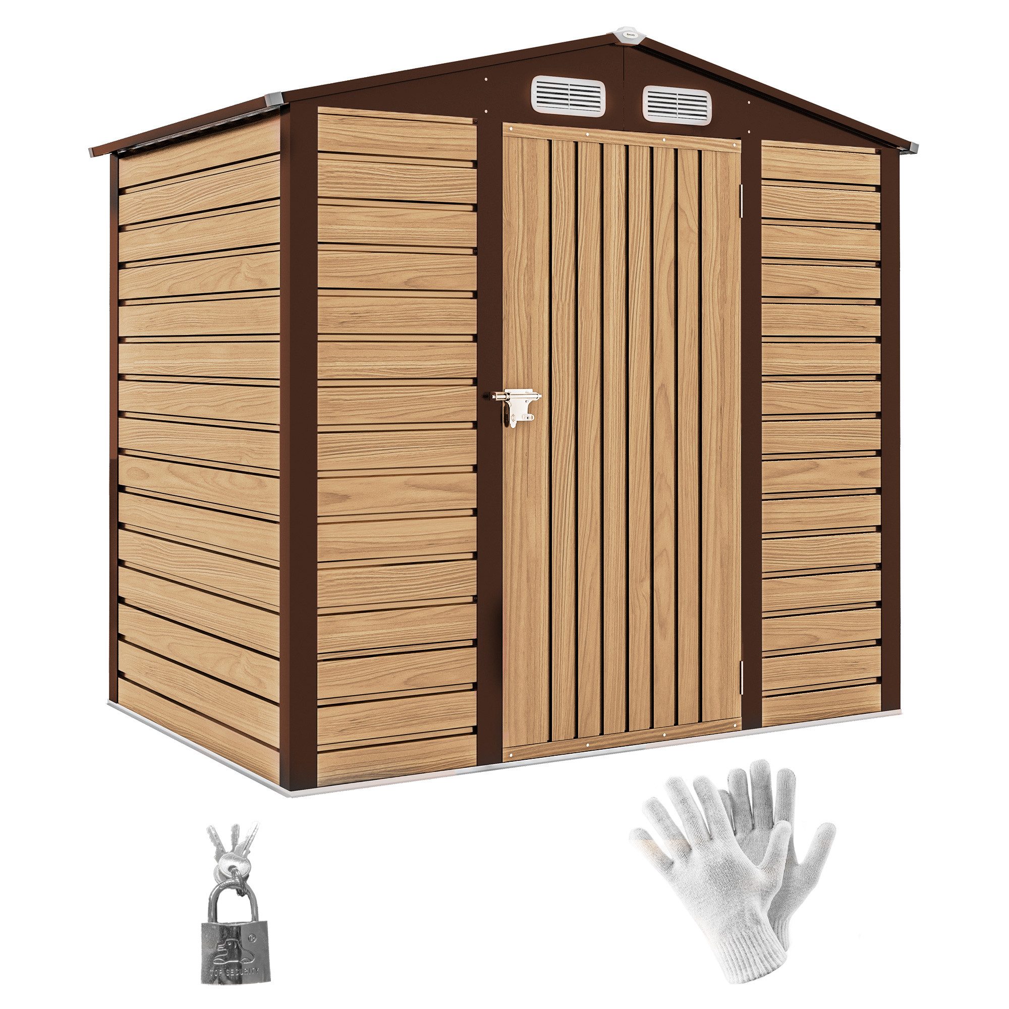 MC Star Gerätehaus Gartenhaus 2,27 m², inklusive Handschuhen, abschließbare Tür, (Belüftung, verzinkter Stahl, 190 x 131 x 188 cm, Eiche)