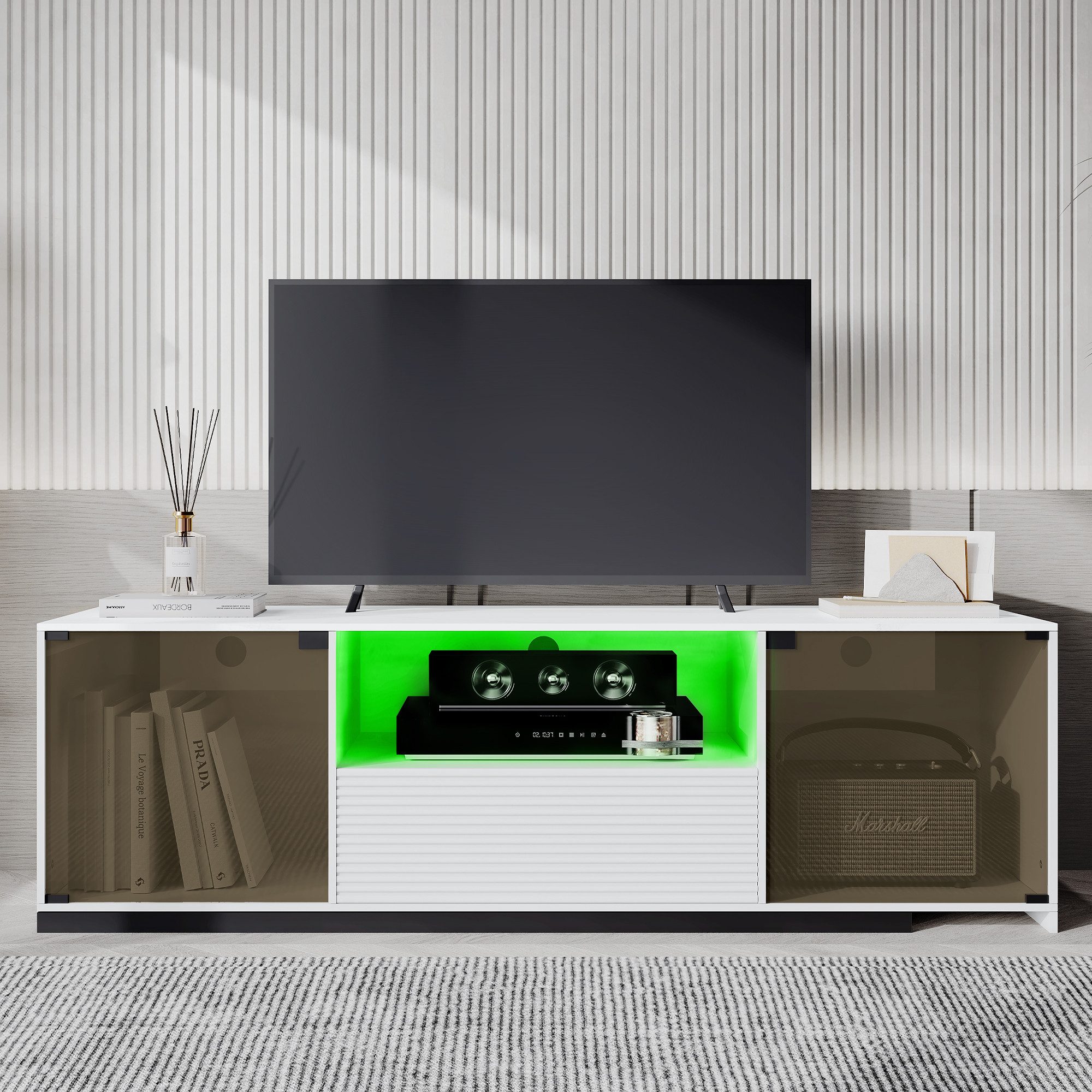 XDOVET TV-Schrank Lowboard mit 15 Farben LED-Beleuchtung und Schiebedesign 140cm Marmorgeäderter Tischplatte Glasdesign 2 Türen, 1 Schublade