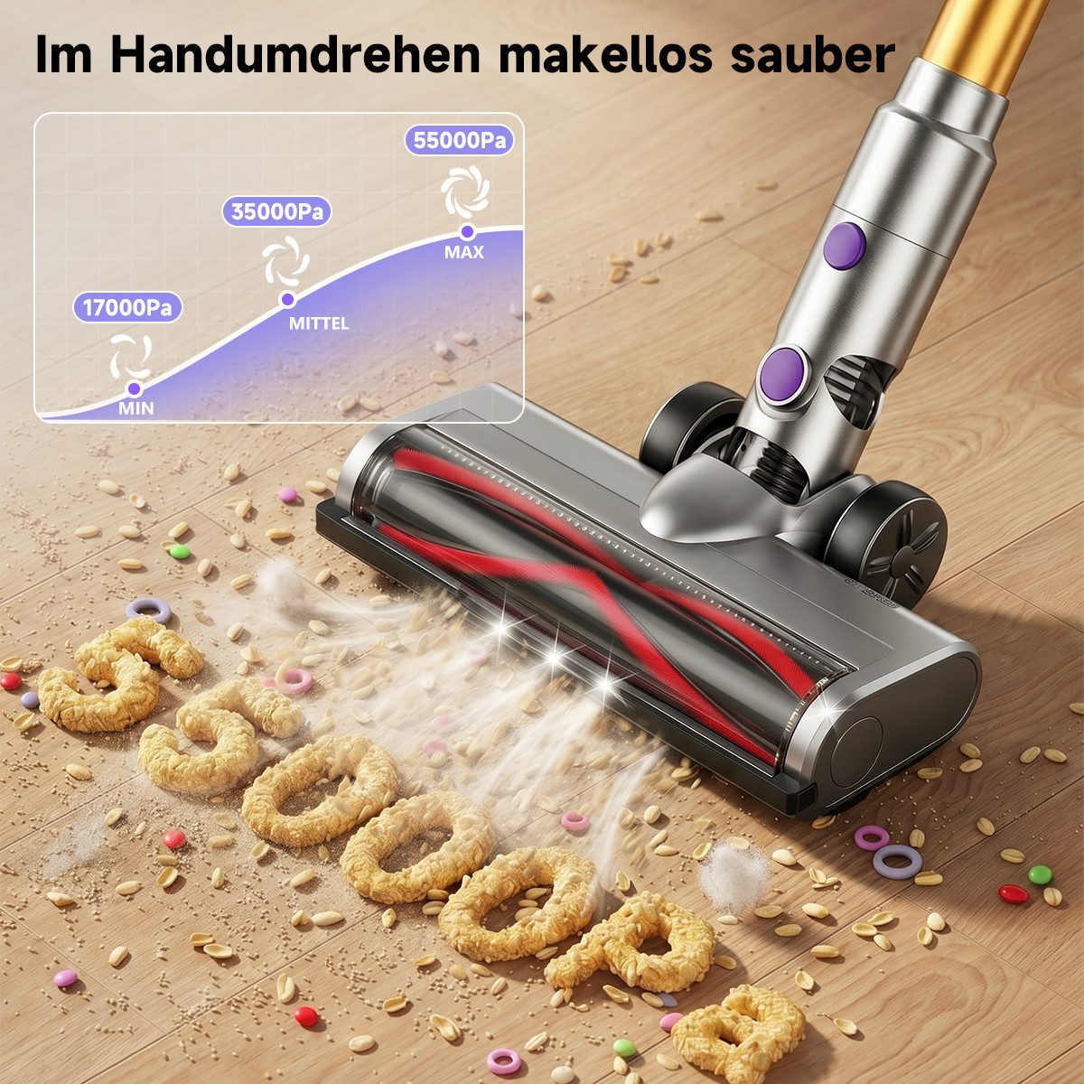 AeroAxis Akku-Stielstaubsauger 55000Pa Akku Staubsauger 500W/ 50Min/1,5L/3 in 1 Staubsauger Kabellos, Anti-Tangle Bodenbürste, Staubsauger für Tierhaare,Teppich, Hartboden