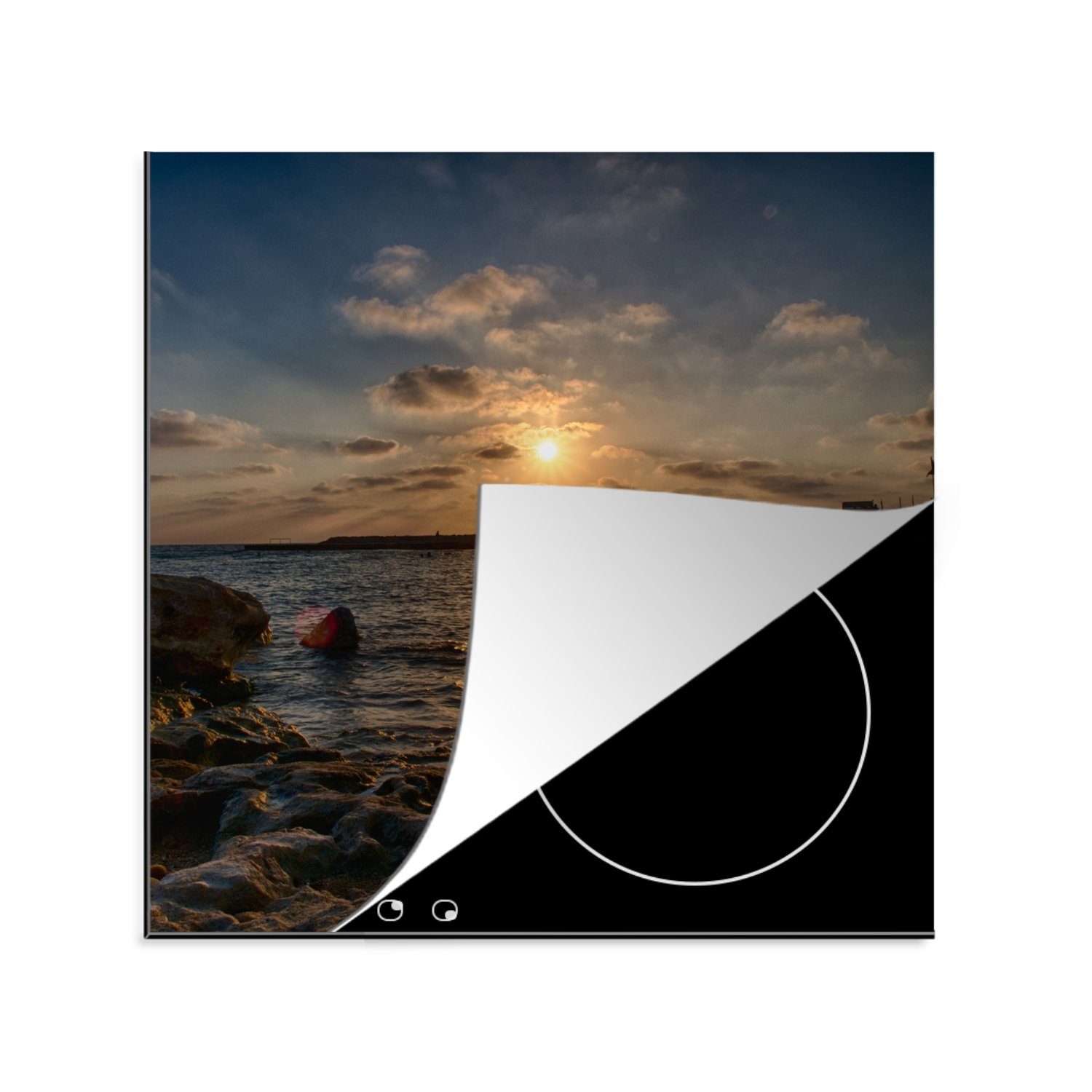 MuchoWow Herdblende-/Abdeckplatte Zypern - Sonne - Meer, Vinyl, (1 tlg), 78x78 cm, Ceranfeldabdeckung, Arbeitsplatte für küche