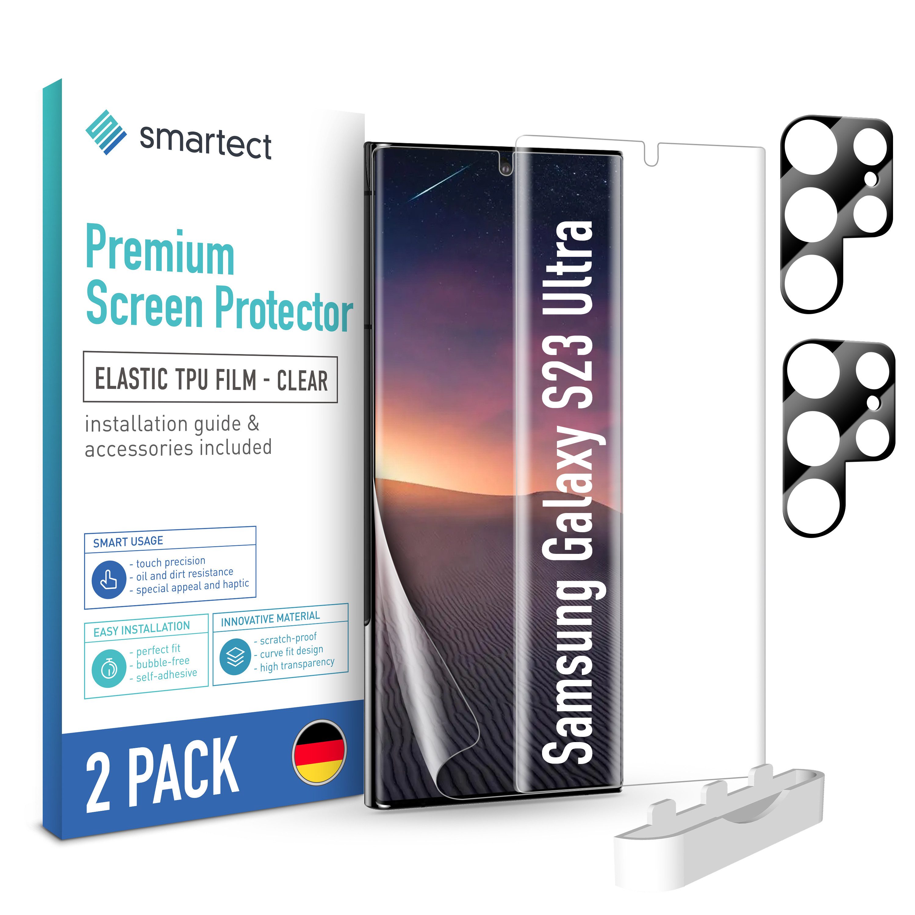 smartect Displayschutzfolie TPU Schutzfolie 2 + 2 Stück für Galaxy S23 Ultra (Display + Kamera) für Samsung Galaxy S23 Ultra, Set, 2 Stück, Ultra-klar, Kratzfest, Blasenfrei, Oleophob, Fingerabdruck kompatibel