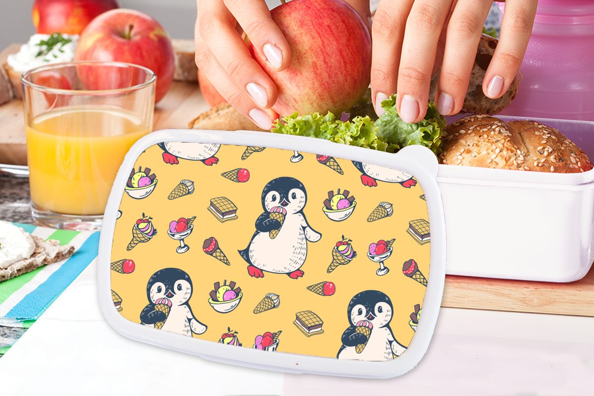 Jungs Kinder weiß Lunchbox Erwachsene, Mädchen - für und Brotbox für MuchoWow Kinder Pinguin Brotdose, Eis und Design, Polartiere Kunststoff, - - (2-tlg), -