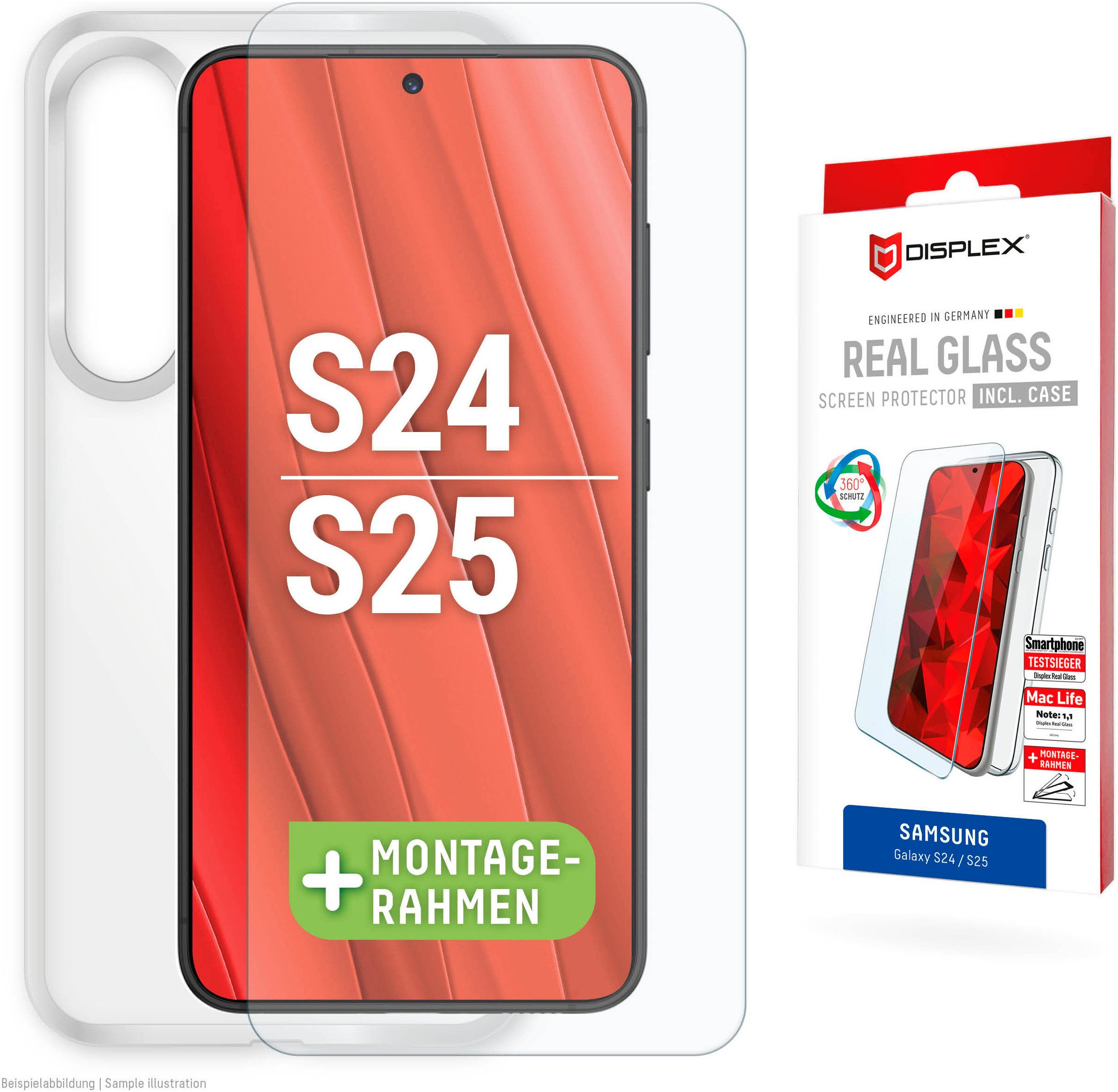 Displex Displayschutzglas Real Glass + Case für Samsung Galaxy S24, Samsung Galaxy S25, Displayschutzfolie Displayschutz Rundumschutz 360 Grad splitterfest