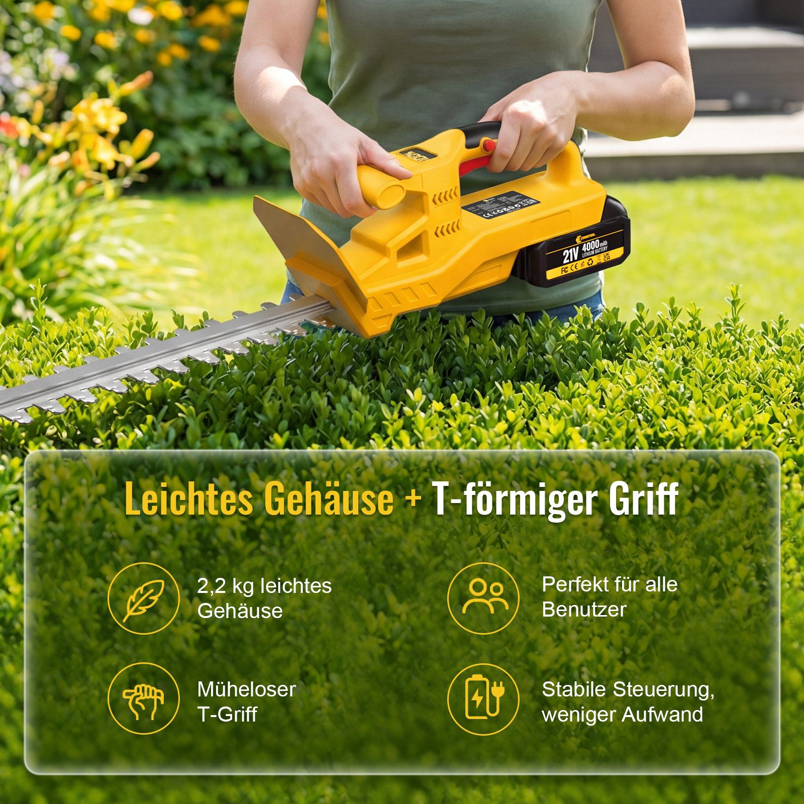 CONENTOOL Akku-Heckenschere 21V Elektro-Heckenschere mit 2x4Ah Akku und Ladegerät, (set), 50 cm Schnittlänge, kabellose Gartenschere für Hecken & Büsche