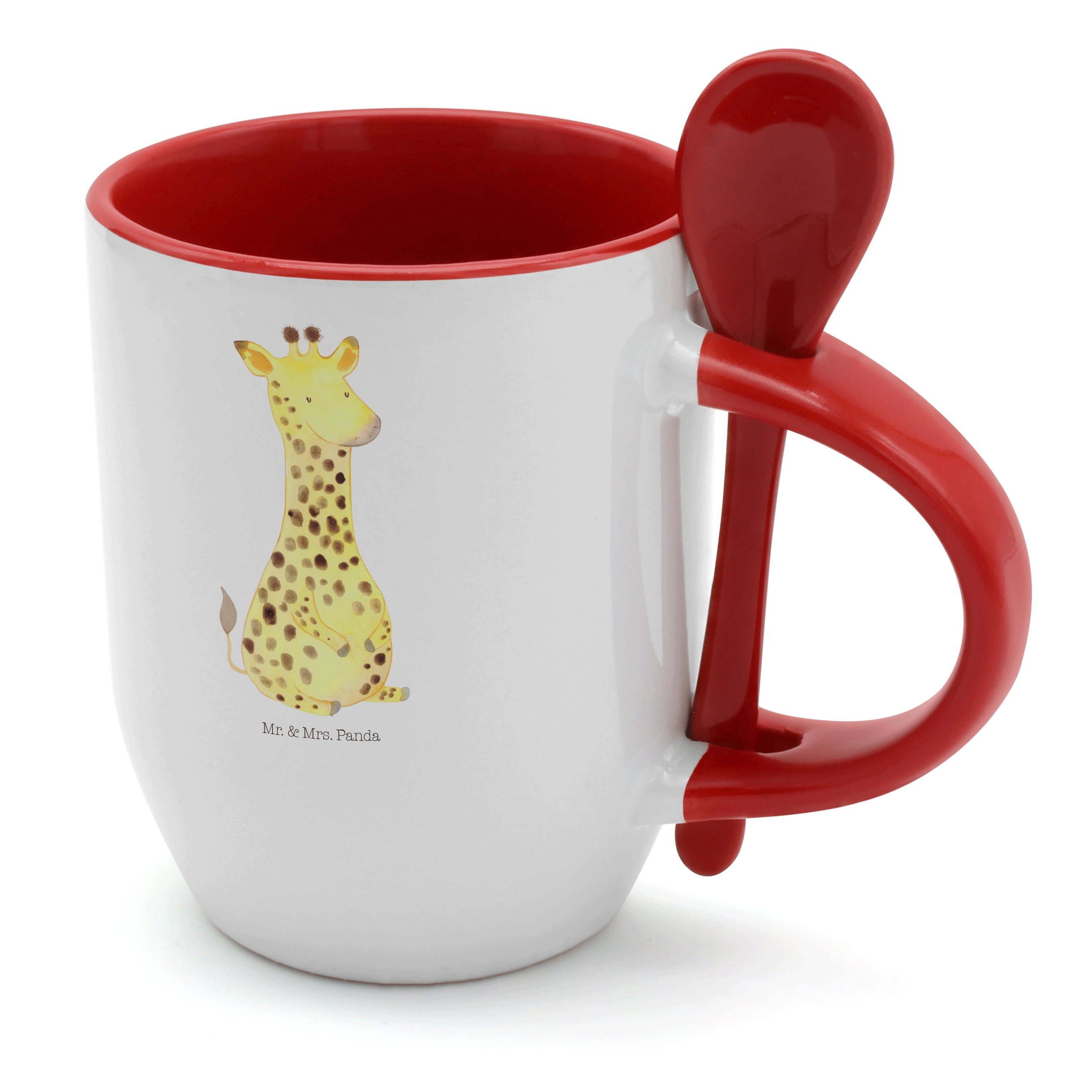 Mr. & Mrs. Panda Tasse Giraffe Zufrieden - Weiß - Geschenk, Tasse, Abenteuer, Tasse mit Löff, Keramik