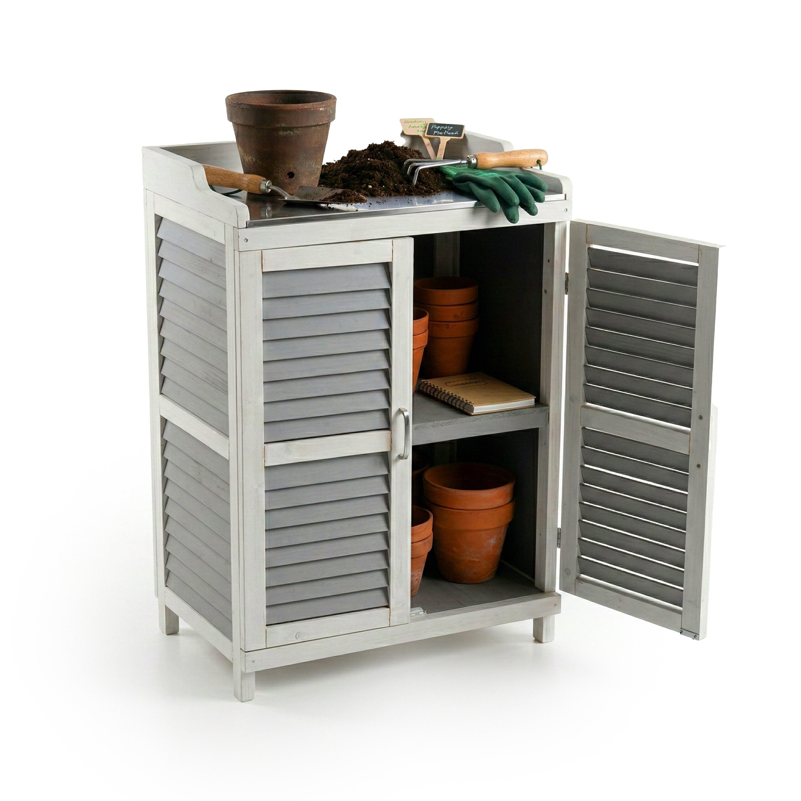 relaxdays Pflanztisch mit Unterschrank (1-St), Grau-Weiß