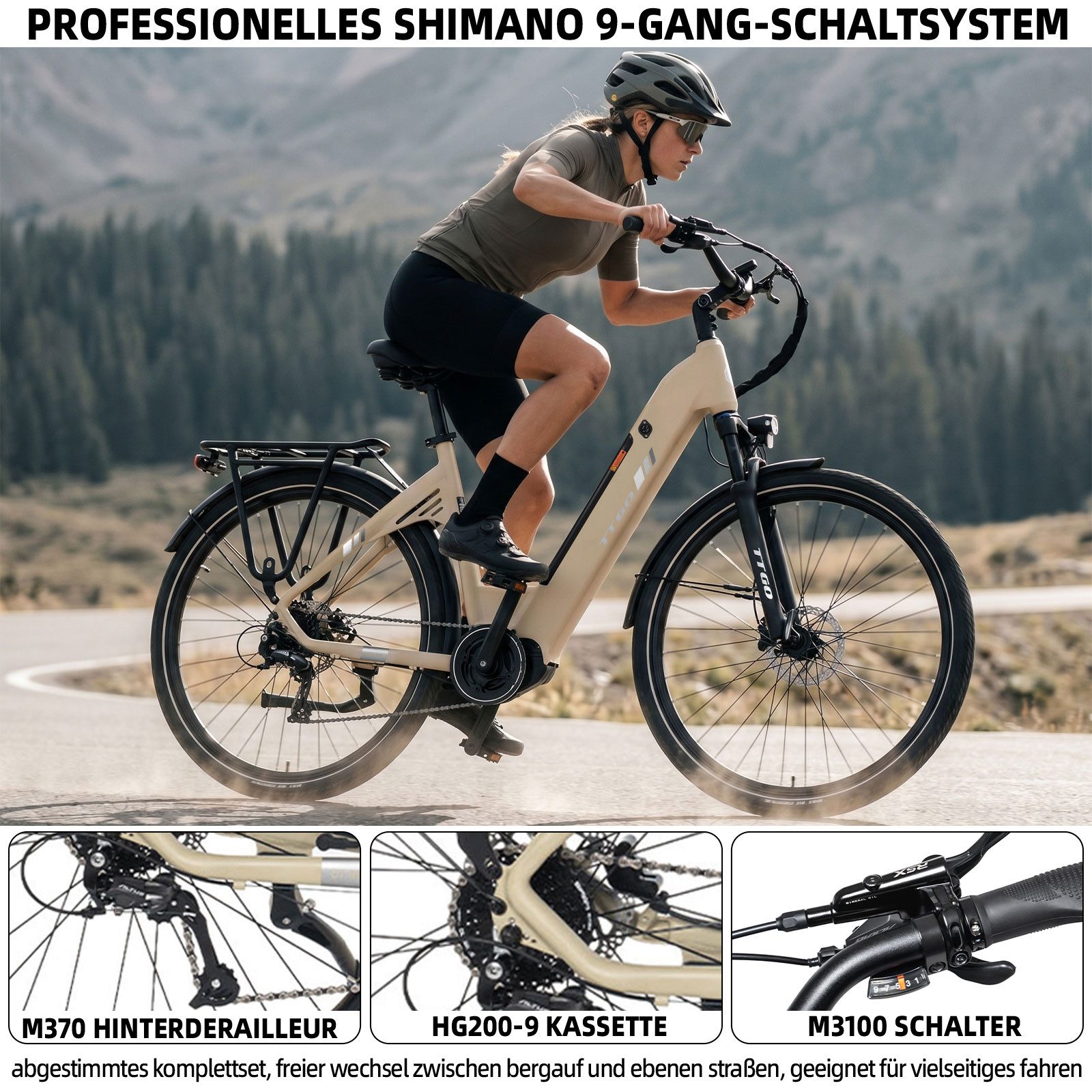 TTGO E-Bike Cityrad 28 Zoll, 75Nm Mittelmotor, Drehmomentsensor, 140km, Lockout-Federgabel, 9 Gang Shimano, Kettenschaltung, Mittelmotor, 648 Wh, Tiefeinstieg,  – Bild 5 von 5