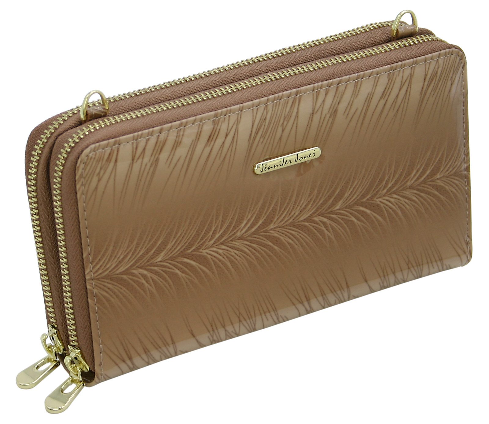 J JONES JENNIFER JONES Clutch Leder Geldbörse Schultertasche 2in1 elegant RFID-Schutz Gurt abnehmbar, Lackleder