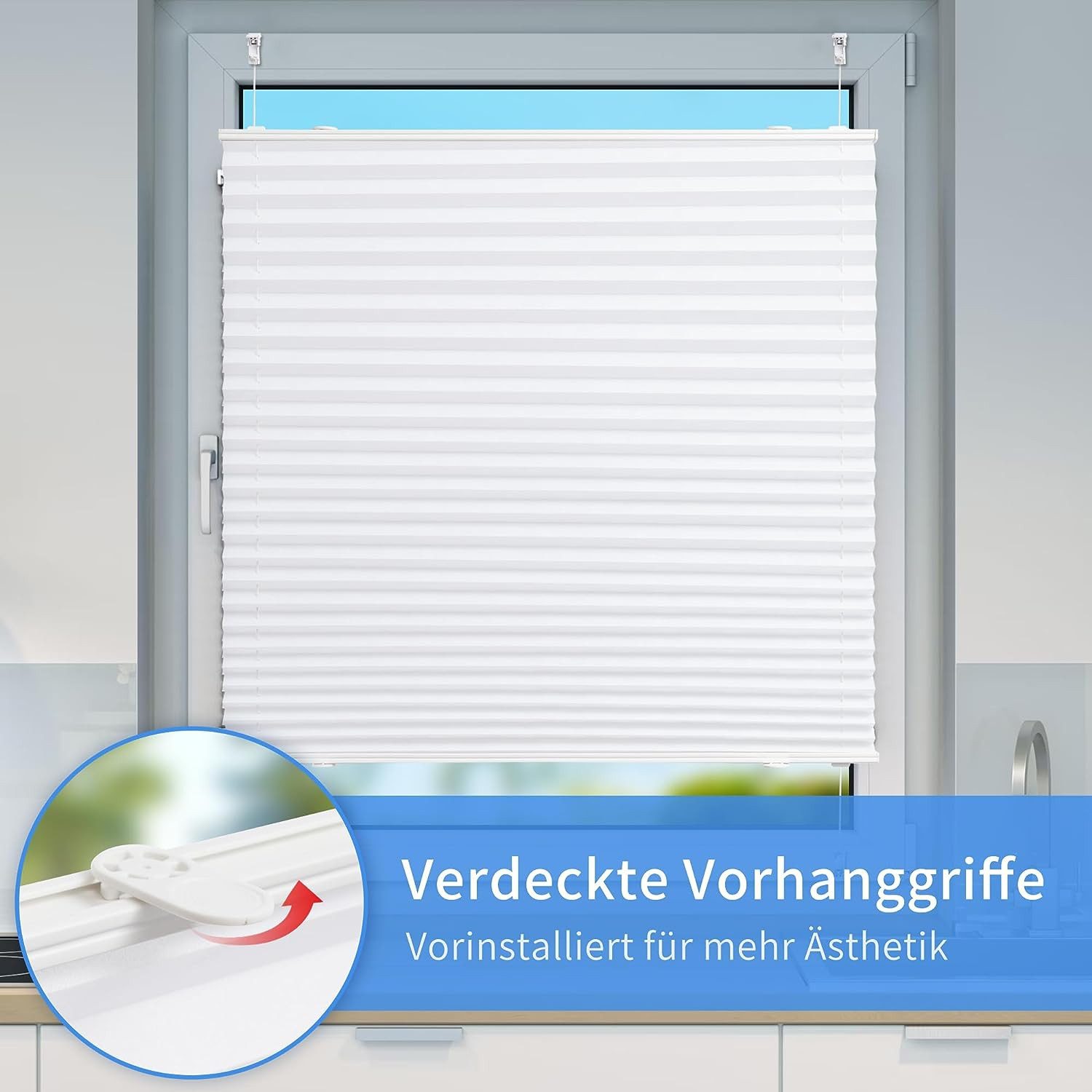 Vkele Plissee ohne Bohren Easy Fix Klemm Faltrollo, verspannt Fenster Rollo, Klemmfix,Klemmträger, Jalousie für Tür & Fenster Sichtschutz Sonnenschutz