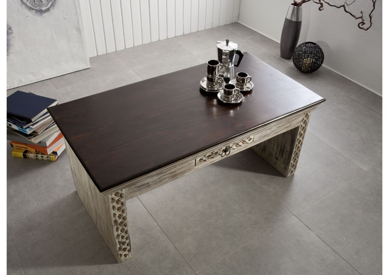 Massivmoebel24 Couchtisch CASTLE-ANTIK (Sofatisch Truhe 115x60 aus massiver Mango u. Akazie in braun u. weiß)