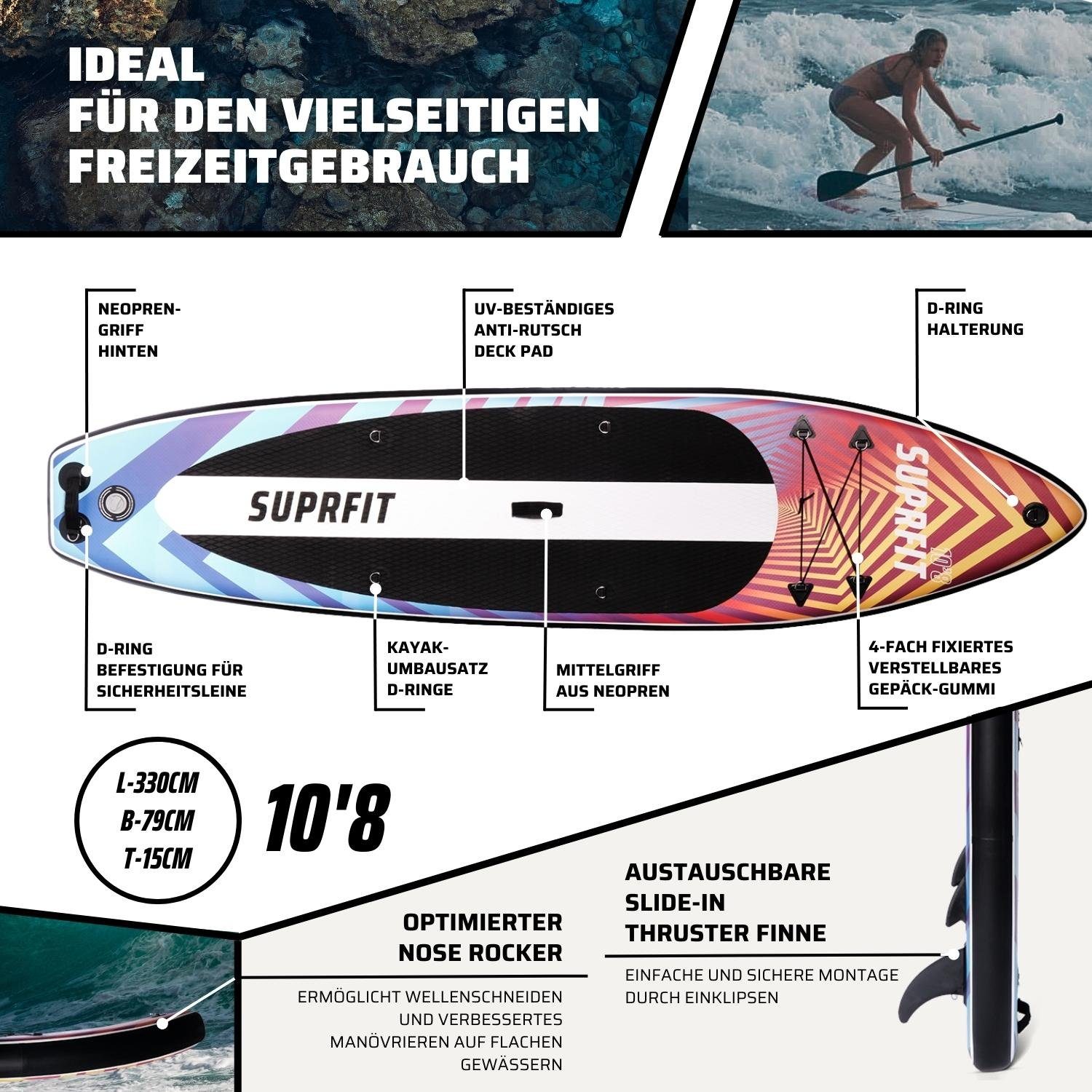 SF SUPRFIT SUP-Board Stand-Up-Paddling Board Optical, als aufblasbares Komplett-Set, Stand Up Paddle Board mit doppelter PVC Schichtung, Optimal ab 60 kg, max 140 kg - 330 x 78 x 15 cm