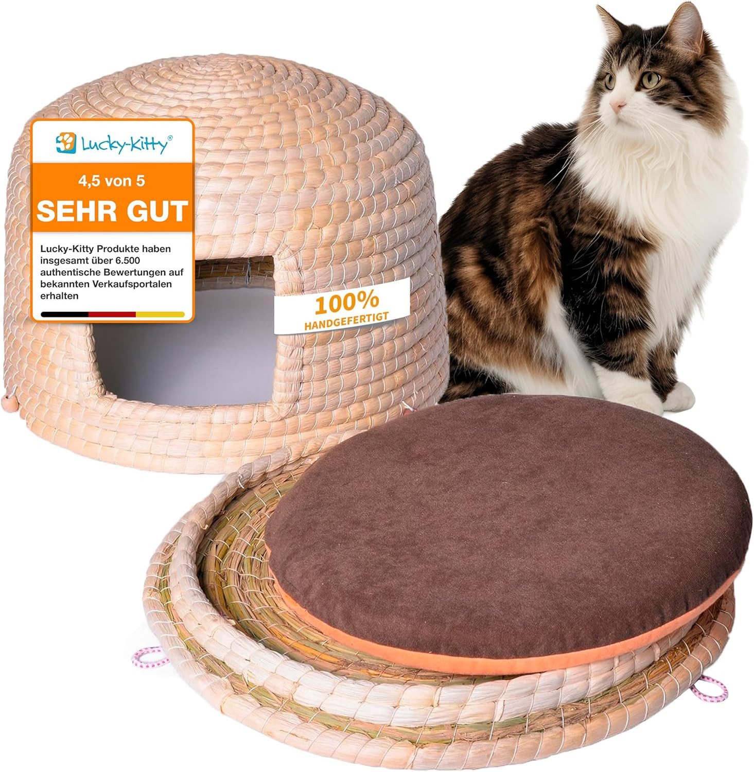 Lucky-Kitty Tierhöhle Handgefertigter Katzenkorb Neko-Chigura aus Maisstroh mit Kissen, Schlafplatz, Katzenhöhle, japanische Handwerkskunst, ⌀45 cm