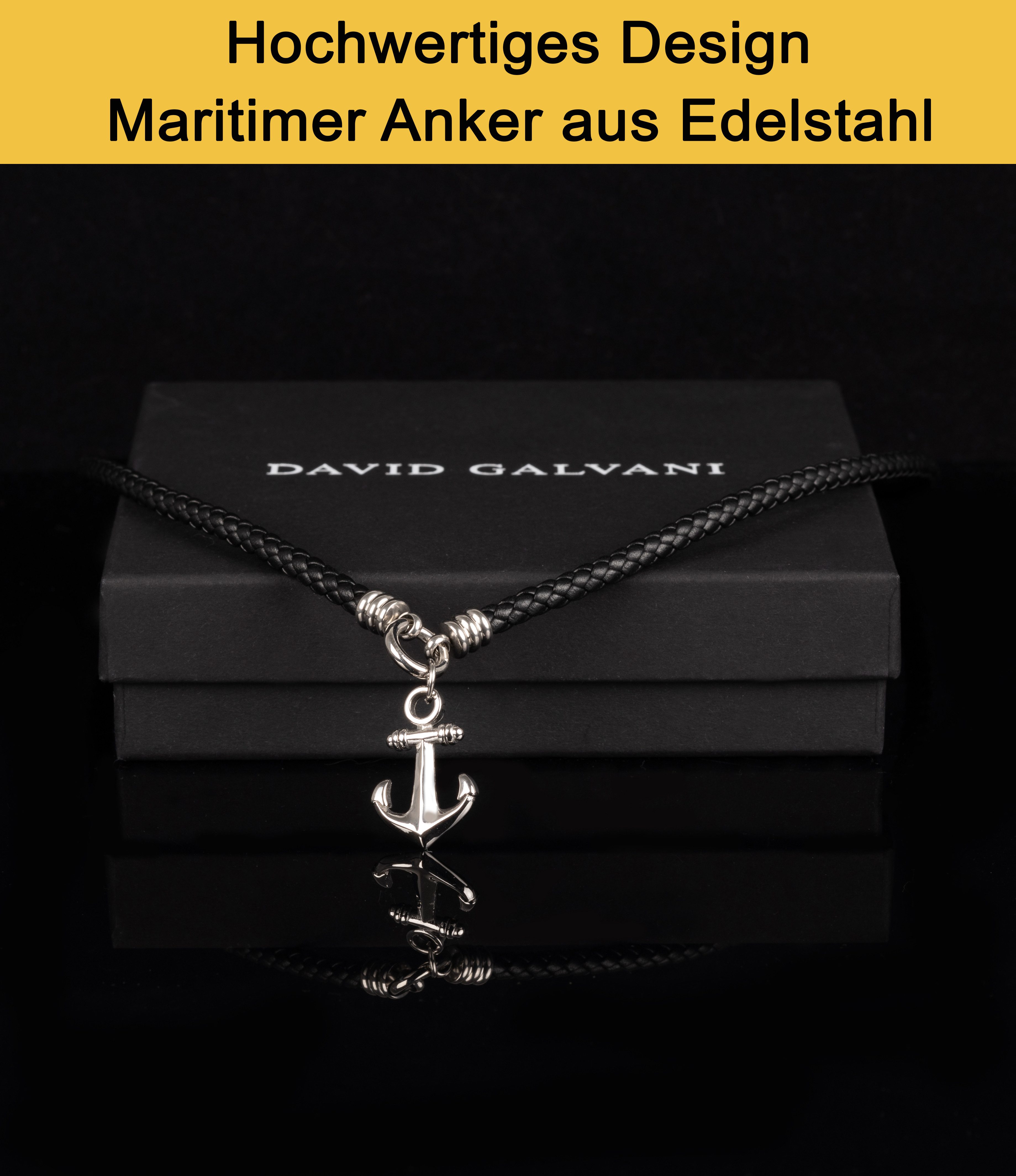 David Galvani Kette mit Anhänger Herren Lederkette mit Anker-Anhänger – Echtleder & Edelstahl, Schwarz, Echtes Rindsleder geflochten – Bild 4 von 5