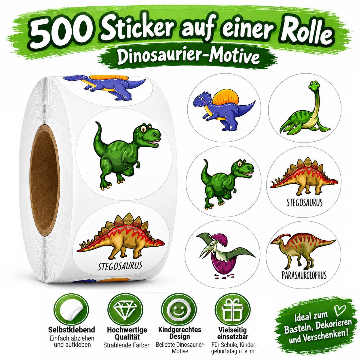 Ware aus aller Welt Sticker 500 Dino Sticker Ø 2,5 cm – Kinder Aufkleber auf Rolle selbstklebend, (500-tlg)