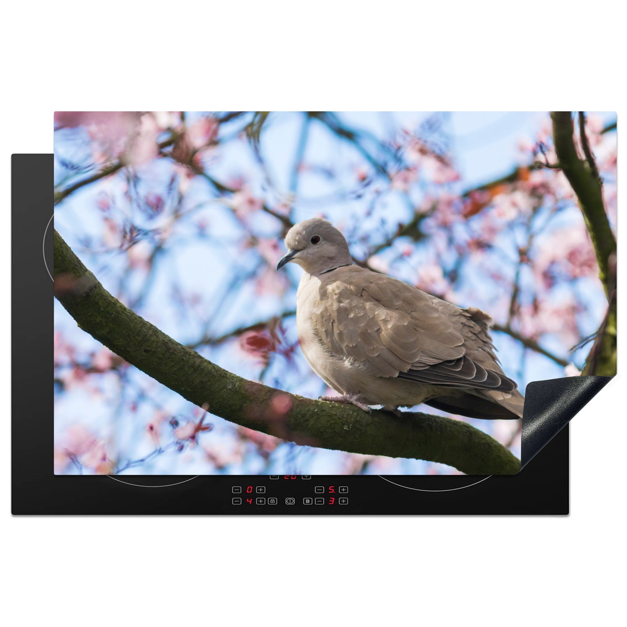 MuchoWow Herdblende-/Abdeckplatte Vogel - Blumen - Taube - Blütenzweige - Rosa, Vinyl, (1 tlg), 81x52 cm, Ceranfeldabdeckung, Arbeitsplatte für küche
