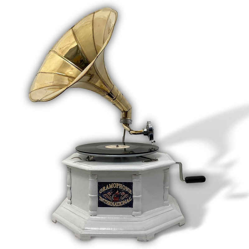 Aubaho Dekoobjekt Nostalgie Grammophon Antik-Weiß Shabby Chic Gramophone Antik-Stil 70cm