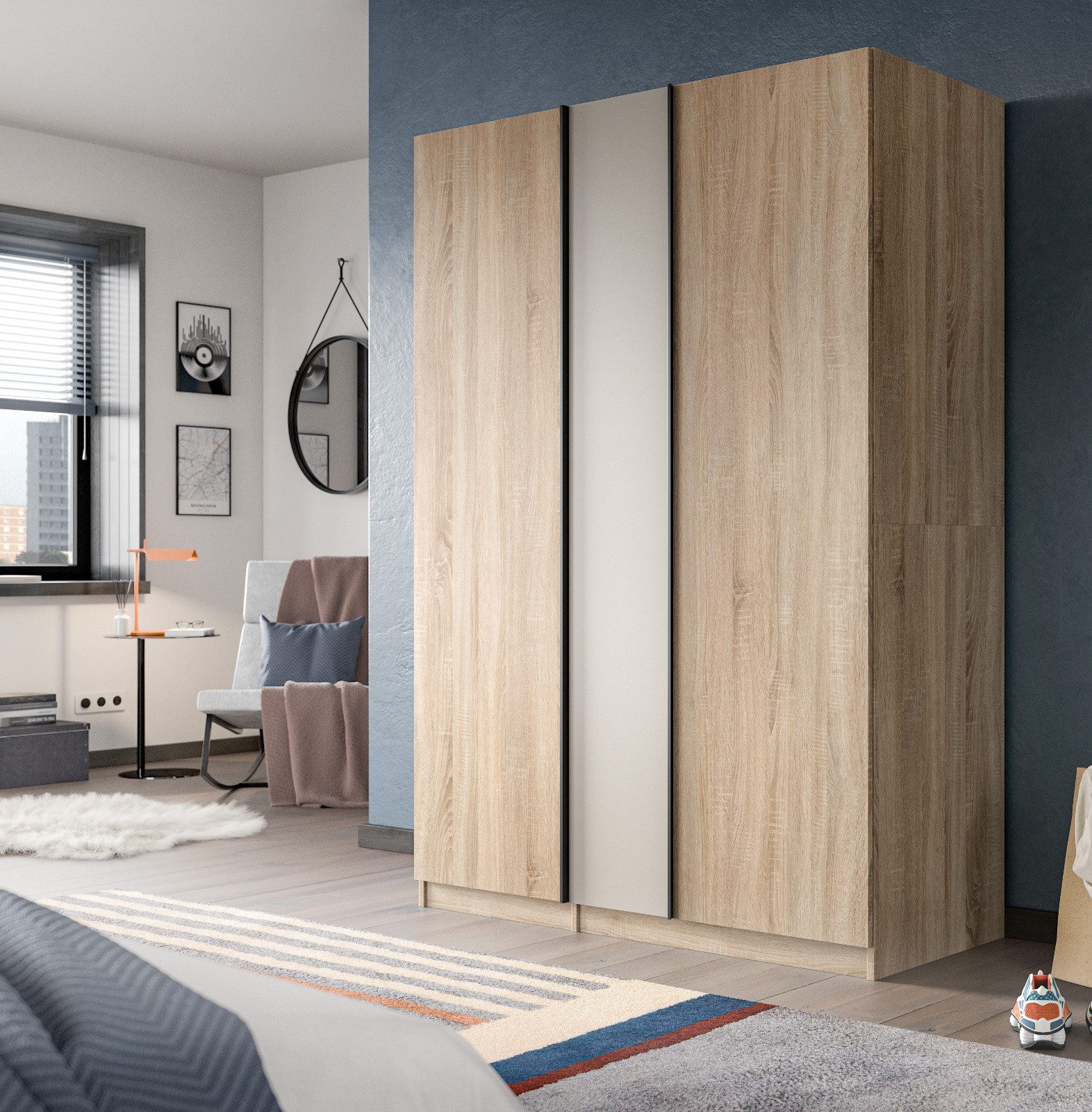 Inn.Furn Kleiderschrank Girona (Drehtürenschrank 3-türig in Eiche mit Kaschmir, 130 x 183 cm) mit 2 Kleiderstangen