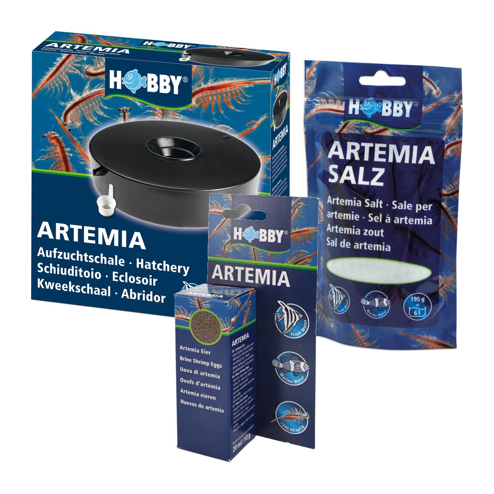 Aquarium Set zur Artemia Aufzucht: Aufzuchtschale + 20 ml Eier + 195g Salz