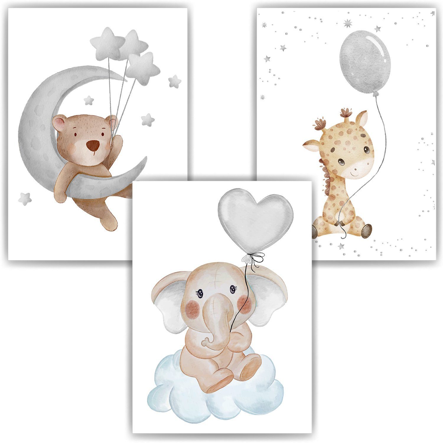 Poster 3er Set Kinderzimmer Wandbilder Babyzimmer Poster Bär Elefant Giraffe