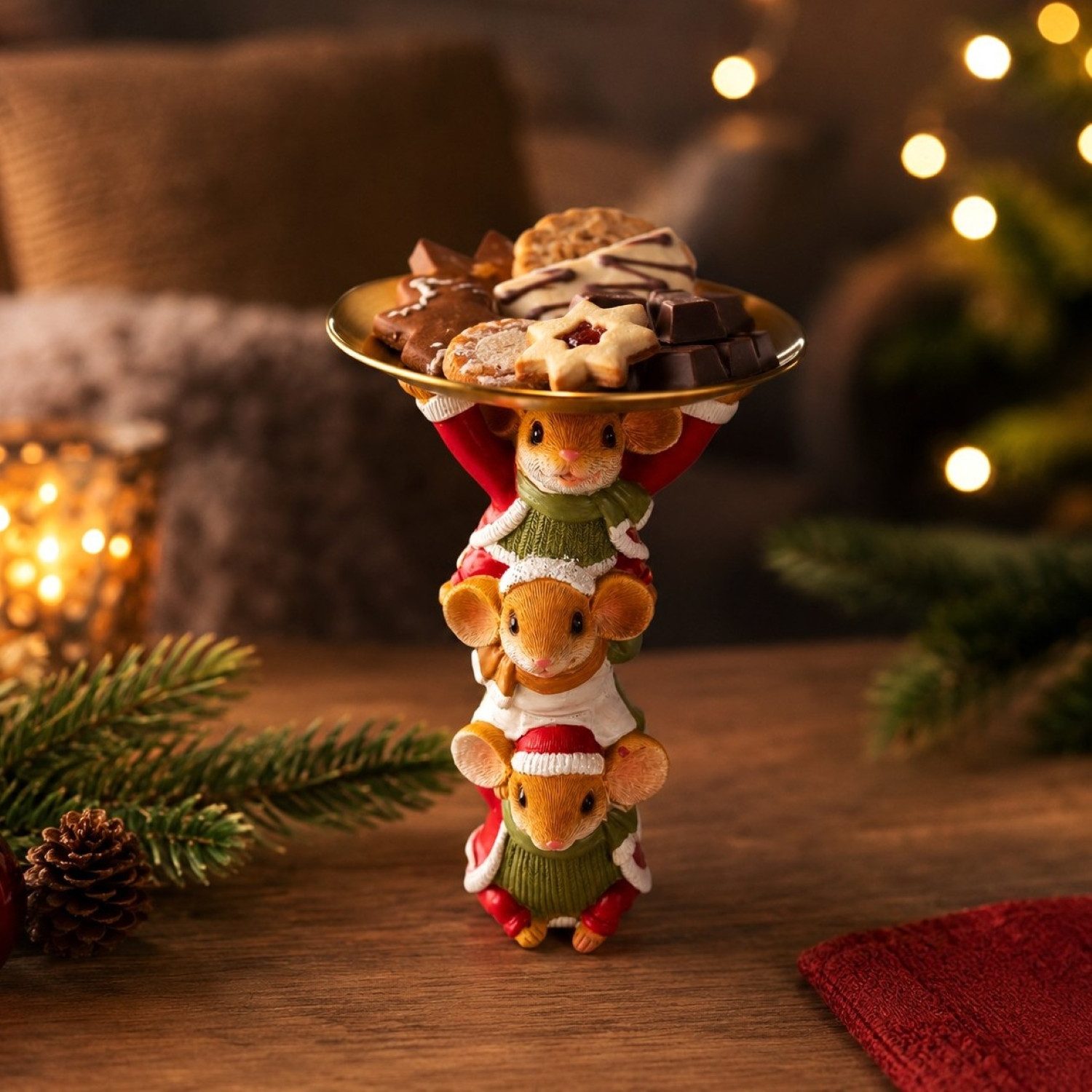 Online-Fuchs Dekoteller Mauspyramide mit Tablett für Kekse & Lebkuchen - Weihnachtsdeko (goldener Teller ca. 16,5 cm Ø, mal eine etwas andere Etagere), detailreiche Gestaltung mit warmen Farben