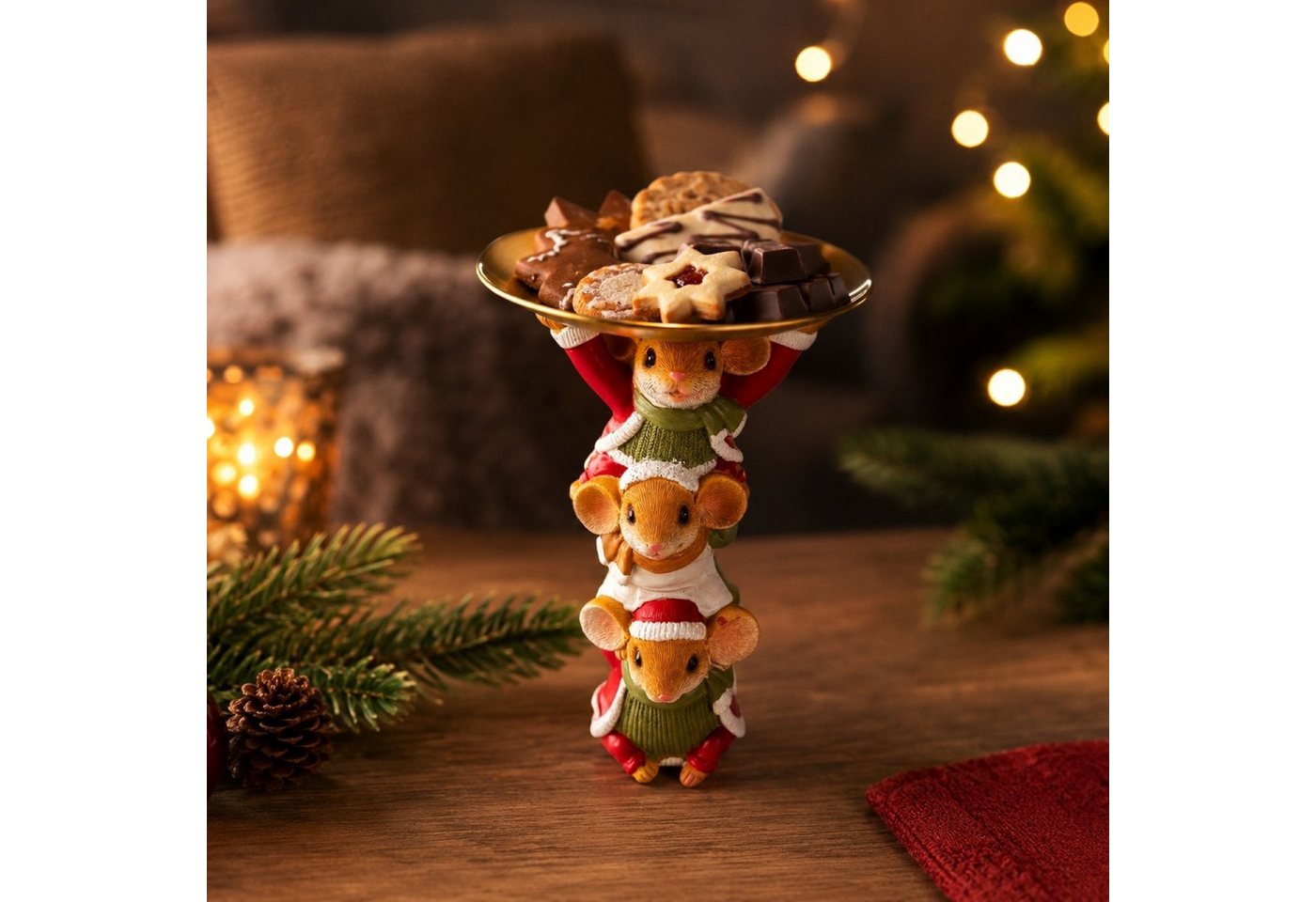 Online-Fuchs Dekoteller Mauspyramide mit Tablett für Kekse & Lebkuchen - Weihnachtsdeko (goldener Teller ca. 16,5 cm Ø, mal eine etwas andere Etagere), detailreiche Gestaltung mit warmen Farben
