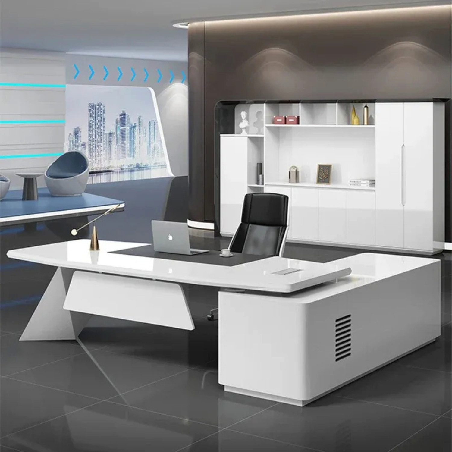 Schreibtisch SCHREIBTISCH Moderner L-Form Executive Desk 200 cm Weiß Grau
