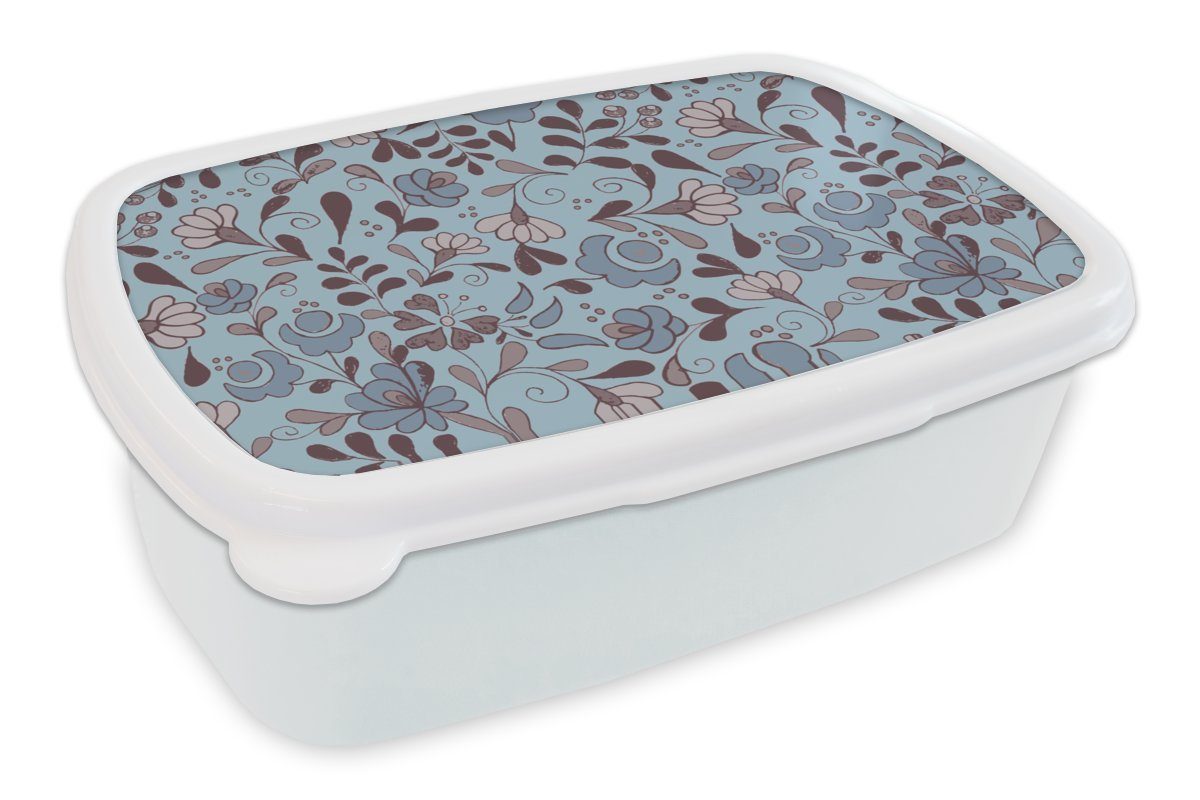 MuchoWow Lunchbox Muster - Blume - Grau - Blau, Kunststoff, (2-tlg), Brotbox für Kinder und Erwachsene, Brotdose, für Jungs und Mädchen weiß