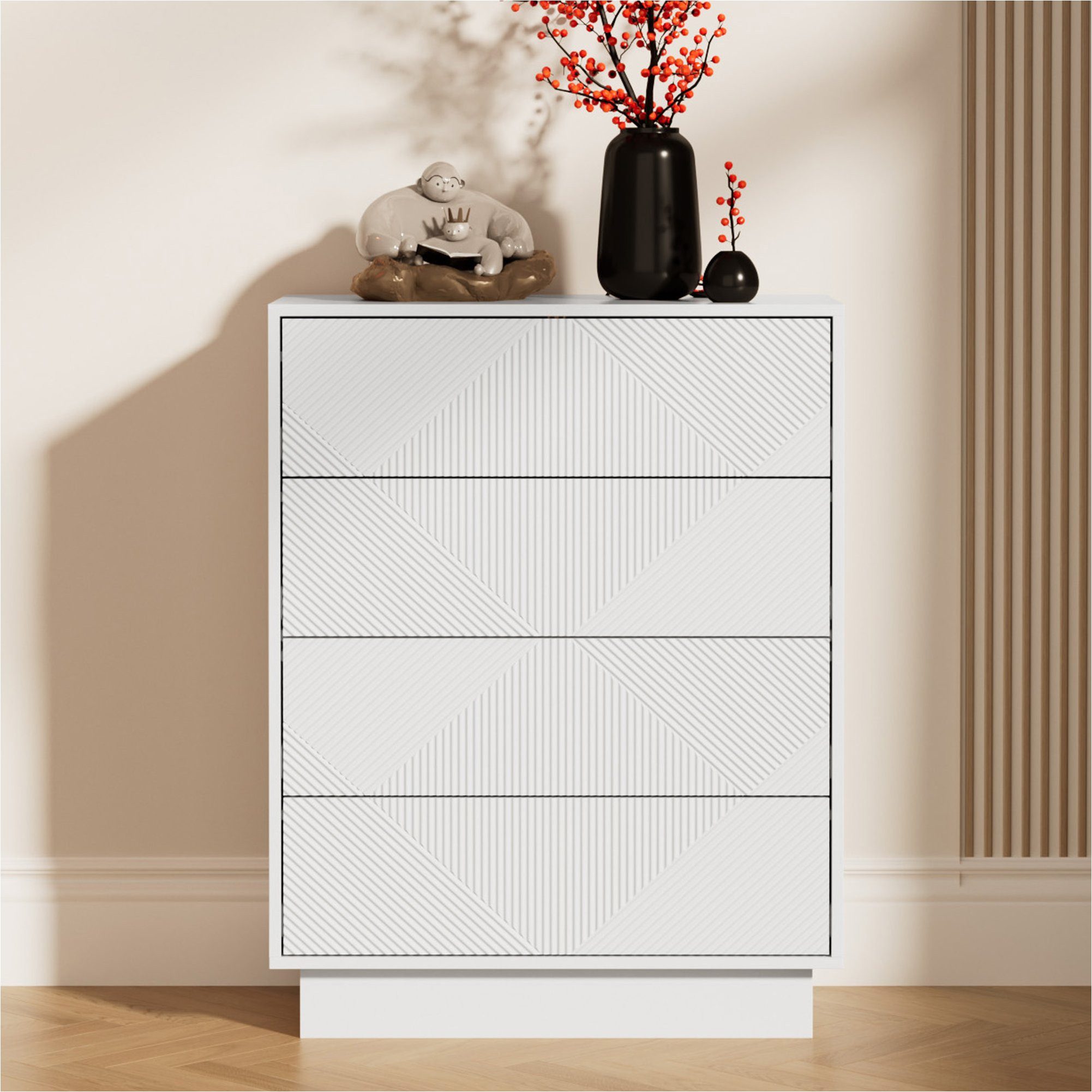 UEV Kommode mit 4 Schublanden, Sideboard, Schubladenschrank Schmal, 60x33,5x77,5cm (Sideboard für Wohnzimmer Schlafzimmer Büro Flur, Mehrzweckschrank aus Holz Beistellschrank allzweckschrank), Drucköffner/ Push to open Schubladen Aufbewahrungskommode
