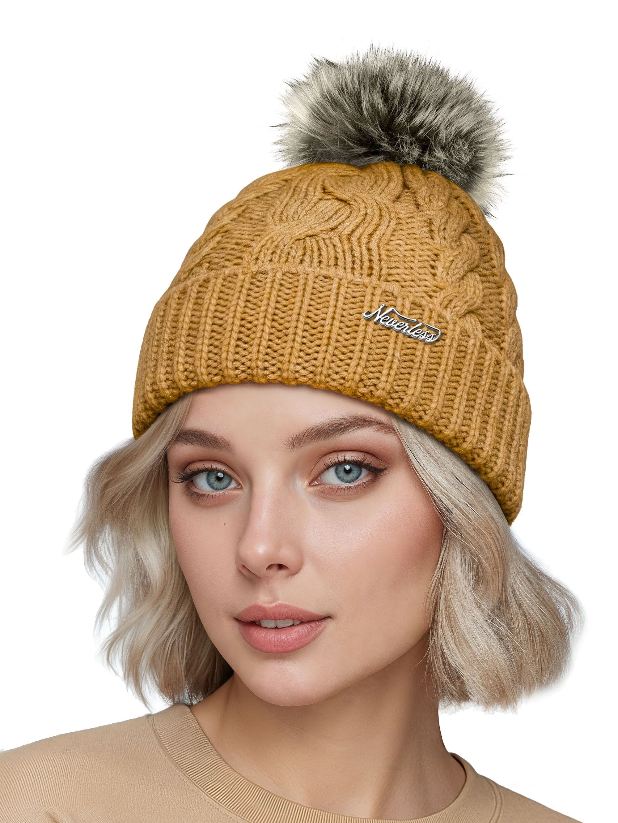 Neverless Strickmütze Damen Strickmütze mit Bommel Grobstrick Pudelmütze mit Fellbommel