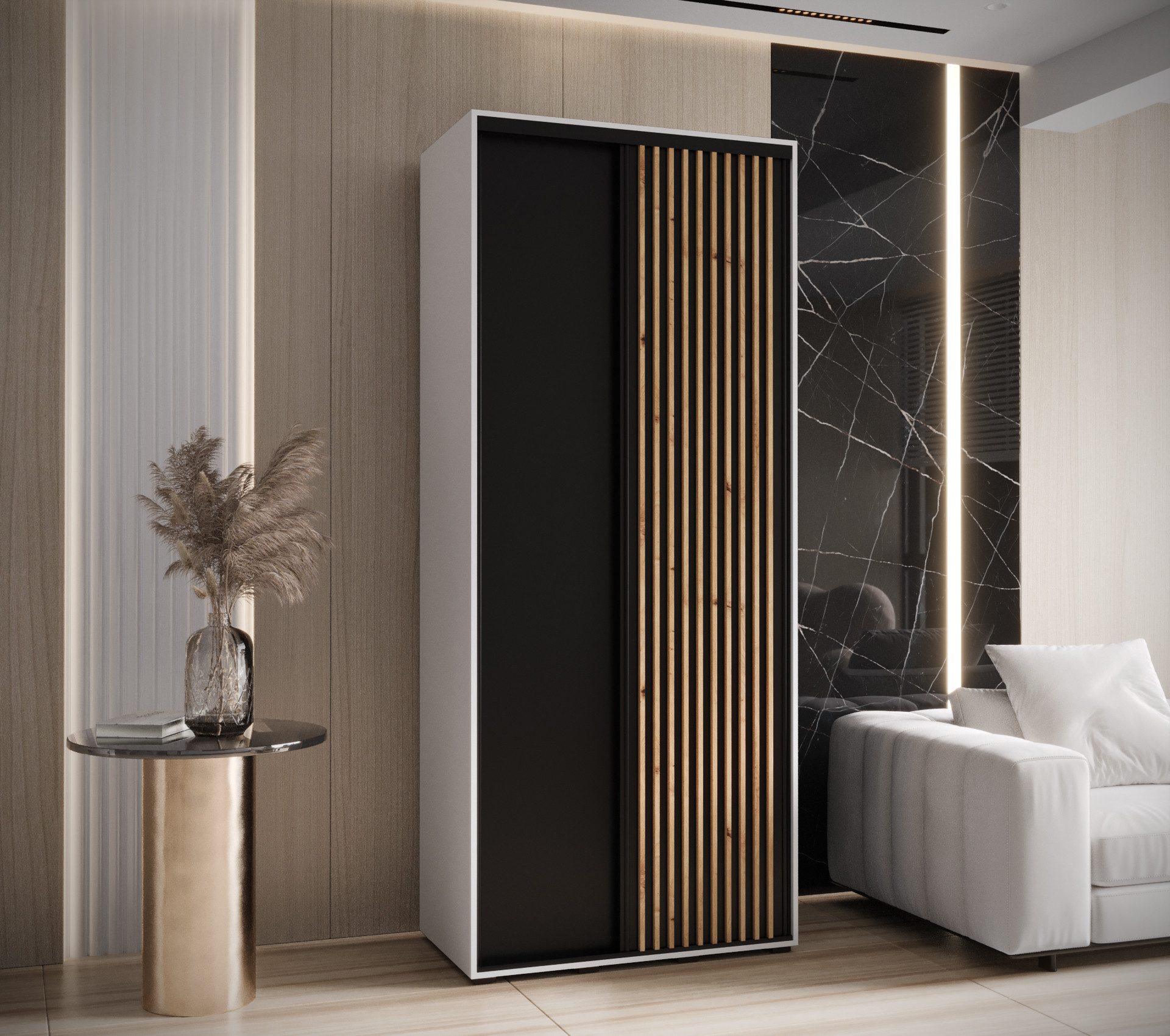 MOEBLO Schiebetürenschrank RILLO (Wohnzimmerschrank, Schwebetürenschrank 2-türig Schrank Garderobe Schiebtüren Schlafzimmer) Lamellen