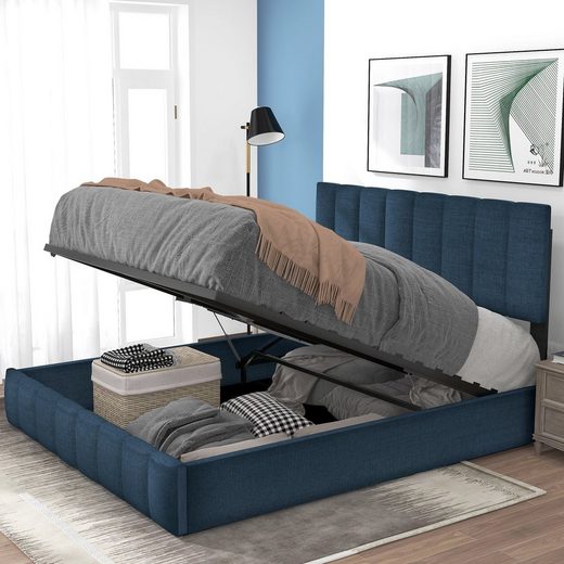 SOFTWEARY Polsterbett, Doppelbett mit Lattenrost und Bettkasten, 140x200 cm, gepolsterter Kopfteil, Bezug aus Leinen