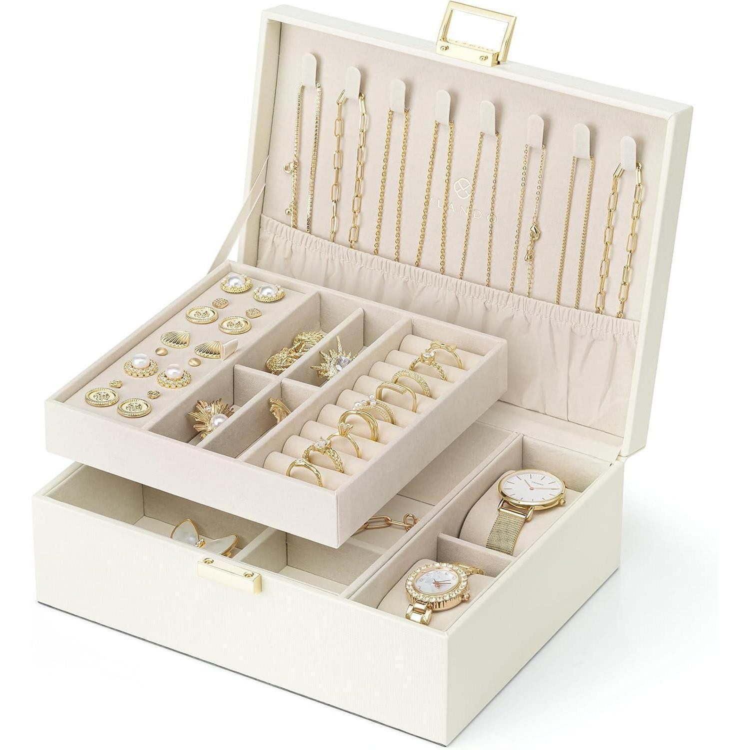 Schmuckkasten Schmuckkästchen Damen 2 Ebenen Leder Uhrenkissen Ringe Beige