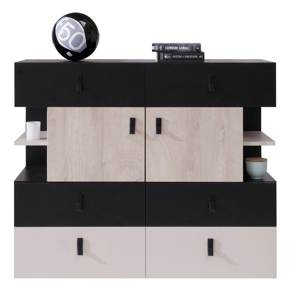 Lomadox Kommode PITTSBURGH-133, Sideboard 110cm, schwarz/Eiche/beige