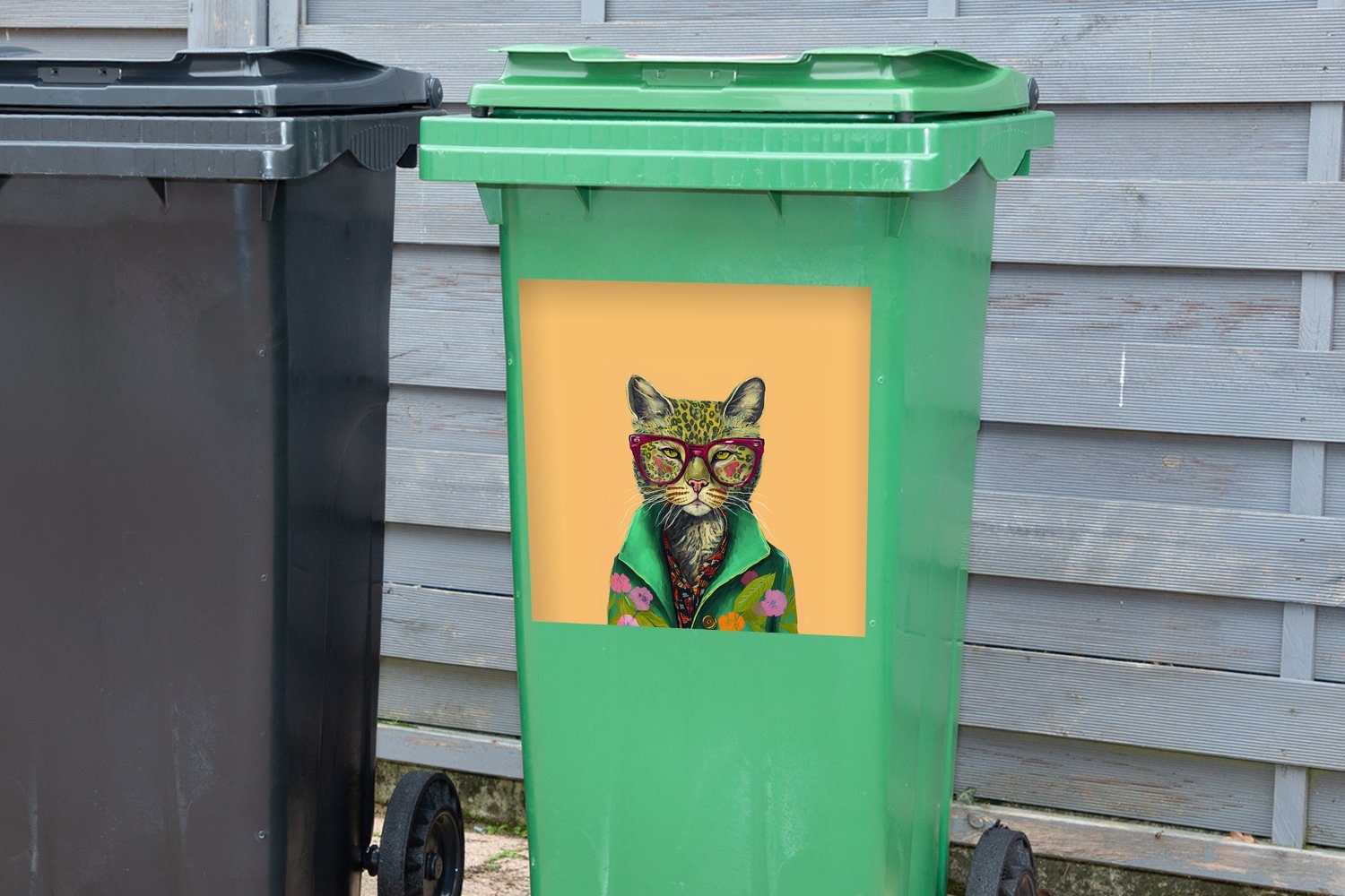 Sticker, Wandsticker - Abfalbehälter MuchoWow Tiere - - Container, Blumen Katze St), (1 Mülltonne, Hippie - Mülleimer-aufkleber, Brille