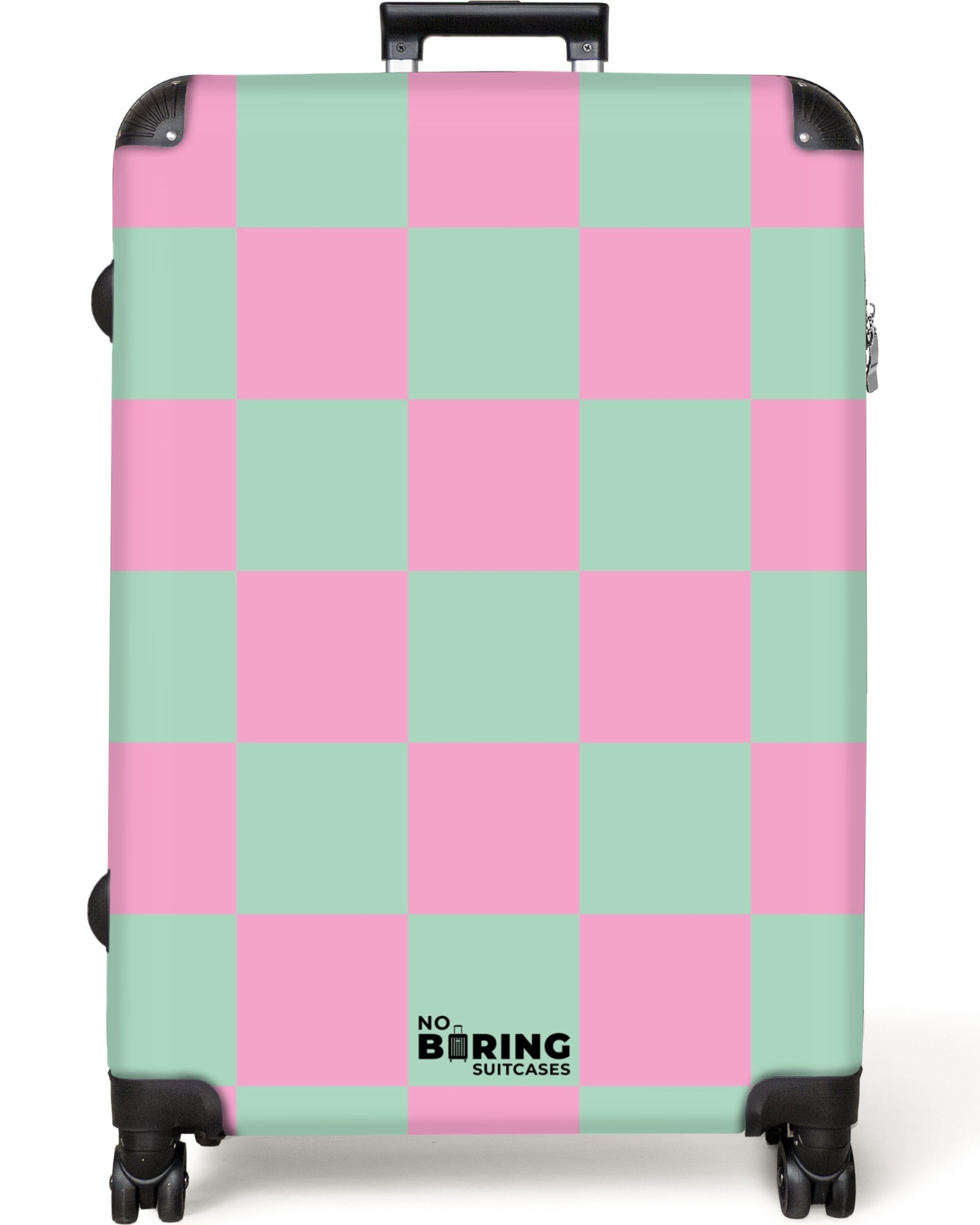 NoBoringSuitcases.com© Hartschalen-Trolley Rosa mit türkisem Schachbrettmus günstig online kaufen