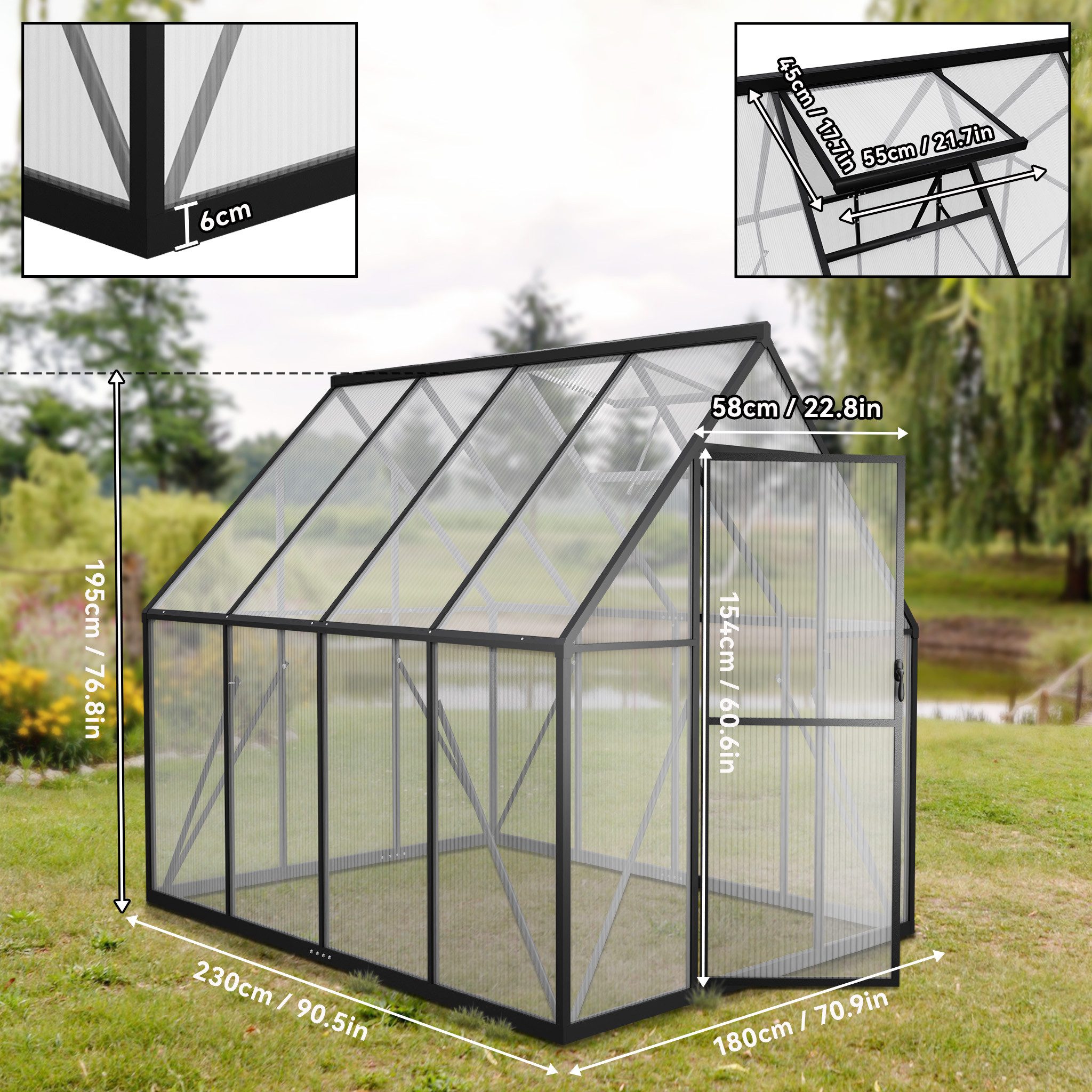 FIVMEN Gewächshaus ALU mit Fundament rostfrei BxTxH: 180 x 230 x 195 cm, Premium Gartengewächshäuser Aluminium mit 6 cm Fundament