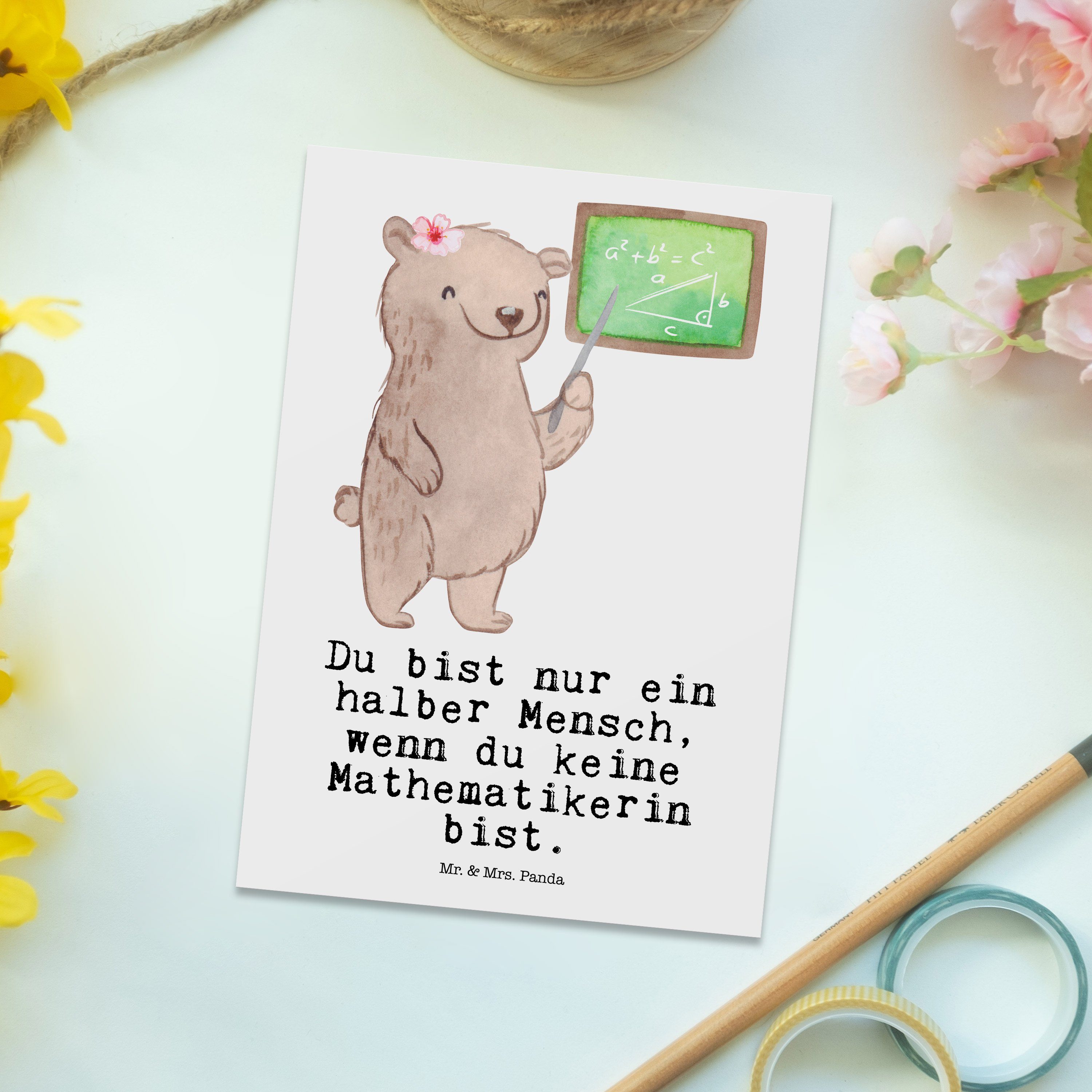 Postkarte Danke, Weiß & Bachelor, - Geschenk, Mr. Panda Mrs. - mit Herz Mathematikerin Ansichtsk