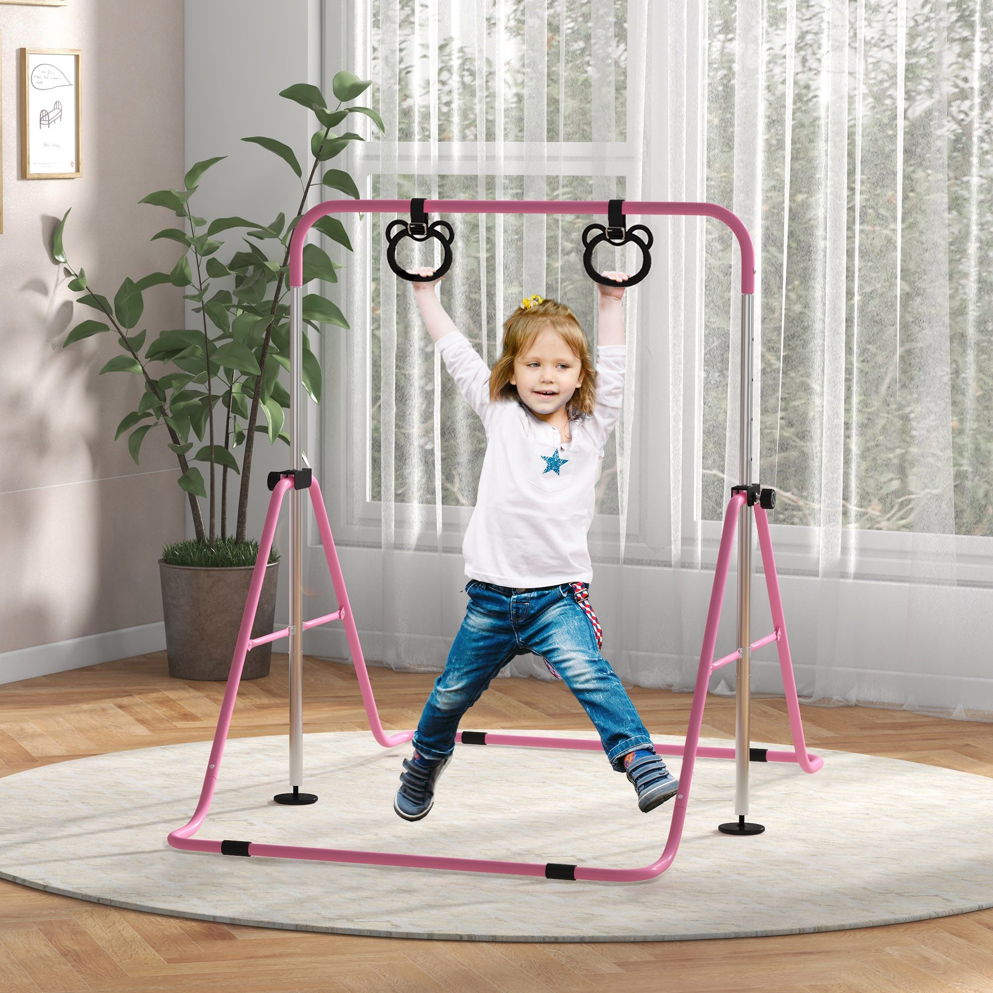 HOMCOM Turnreck Kinder Gymnastik Turnreck 5-stufige höhenverstellbar, (Reckanlage, 1-St., Reckstange), für Indoor bis 50 kg belastbar Stahl Rosa